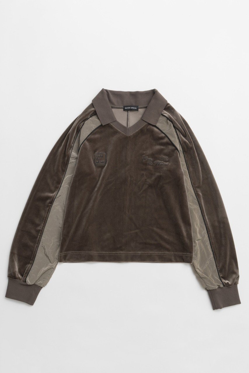 【メゾンスペシャル/MAISON SPECIAL】のVelour Combination Sporty Jersey Tops/ベロアコンビスポーティージャージトップス インテリア・キッズ・メンズ・レディースファッション・服の通販 founy(ファニー) 　ファッション　Fashion　レディースファッション　Fashion for Women　トップス・カットソー　Cut & Sew Tops　シャツ・ブラウス・オフィスカジュアル　Elegant Blouses & Button-Ups　ロングTシャツ・Tシャツ　Longline T-Shirts & Tees　カットソー・ベーシックTシャツ　Cut-and-Sewn Tops / Stretch Tees & Basics　ベロアトップス　Velour Tops / Velvet-Look Items　コンパクト　Compact, Small Size　スリーブ　Sleeve, Long Sleeve / Short Sleeve　ドッキング　Docking, Mixed Material　パイピング　Piping, Trim Design　ベロア　Velour, Soft Velvet　ロング　Long, Long-Length　新作・新入荷　New Arrivals / New In　BRN(ブラウン)|ID: prp329100004759020 ipo3291000000034434279