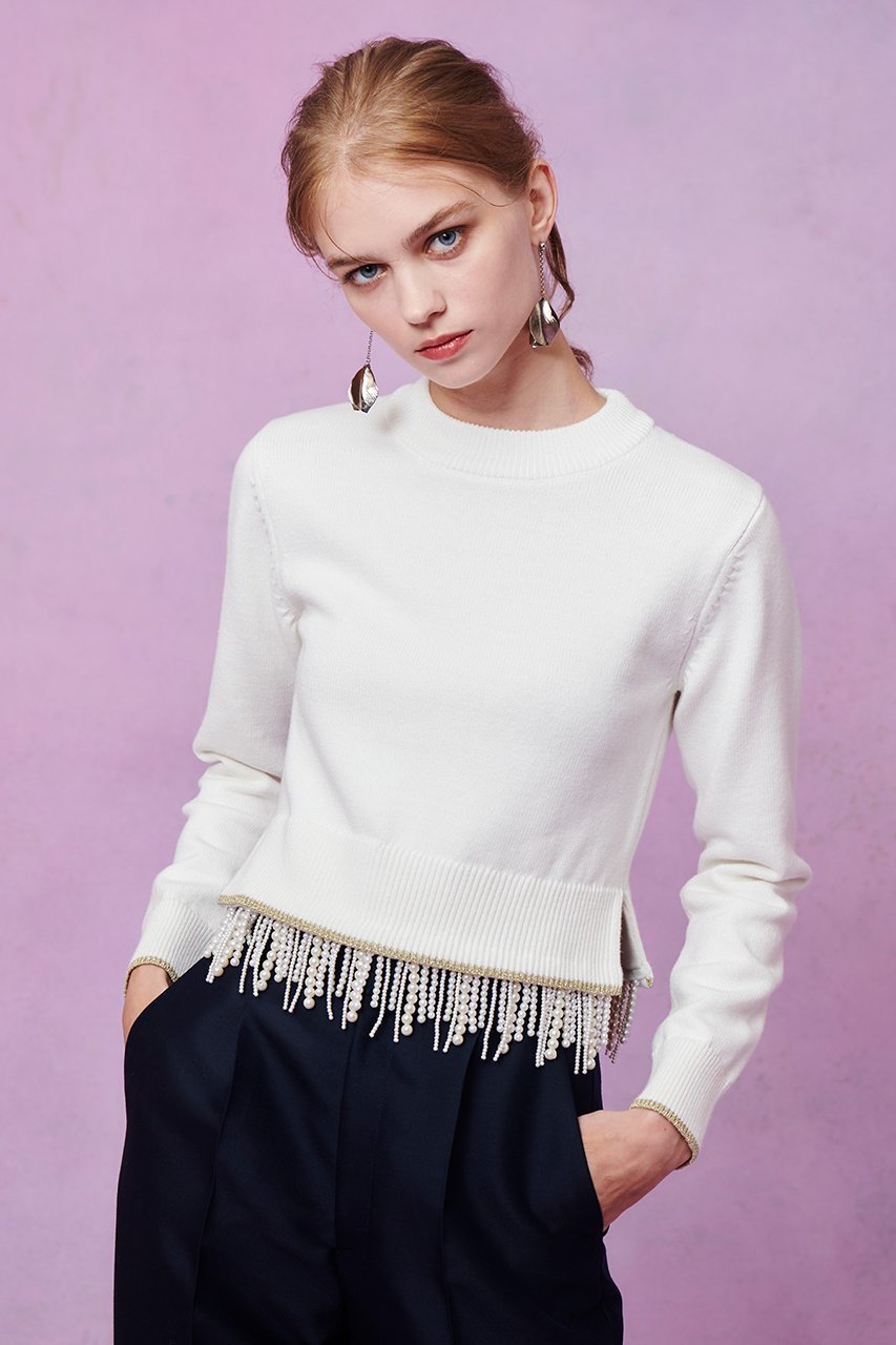 【アルアバイル/allureville】の【LOULOU WILLOUGHBY】パールフリンジフェザープルオーバー 人気、トレンドファッション・服の通販 founy(ファニー) 　ファッション　Fashion　レディースファッション　Fashion for Women　トップス・カットソー　Cut & Sew Tops　ニット　Knit Tops & Sweaters　カジュアルプルオーバー・ニットトップス　Pullovers & Knit Tops / Casual Pullovers　2026年　2026　スリット　Slit, Slit Detail　パール　Pearl, Pearl Accent　フリンジ　Fringe, Tassel　ホリデーシーズン　Holiday Season　エレガント 上品　Elegant　夏　Summer　春　Spring　S/S・春夏　SS, Spring/Summer, Warm Season　other-6|ID: prp329100004761864 ipo3291000000035527239