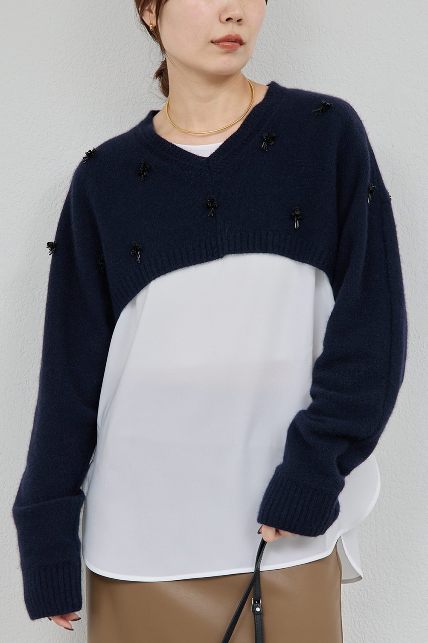 【ガリャルダガランテ/GALLARDAGALANTE】の【25th記念アイテム】ビジューショートVニット インテリア・キッズ・メンズ・レディースファッション・服の通販 founy(ファニー) 　ファッション　Fashion　レディースファッション　Fashion for Women　トップス・カットソー　Cut & Sew Tops　ニット　Knit Tops & Sweaters　カジュアルプルオーバー・ニットトップス　Pullovers & Knit Tops / Casual Pullovers　コンパクト　Compact, Small Size　ショート　Short, Short Length　シンプル　Simple, Minimal　スパンコール　Sequins, Sequin Embellishment　トレンド　Trend, Trending Now　バランス　Balance, Style Balance　ビジュー　Bijou, Jewel-like Accent　フェミニン　Feminine, Girly　ロング　Long, Long-Length　再入荷　Restock / Back in Stock　ホリデーシーズン　Holiday Season　ネイビー|ID: prp329100004763609 ipo3291000000035626257