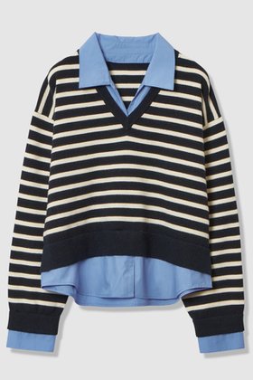 【アルアバイル/allureville】のフェイクレイヤードスキッパープルオーバー 人気、トレンドファッション・服の通販 founy(ファニー) ファッション Fashion レディースファッション Fashion for Women トップス・カットソー Cut & Sew Tops ニット Knit Tops & Sweaters カジュアルプルオーバー・ニットトップス Pullovers & Knit Tops / Casual Pullovers おすすめ Recommended / Our Picks デニム Denim, Jeans Material ドッキング Docking, Mixed Material バランス Balance, Style Balance リラックス Relax, Relaxed Fit ワイド Wide, Wide Fit 新作・新入荷 New Arrivals / New In |ID:prp329100004763623