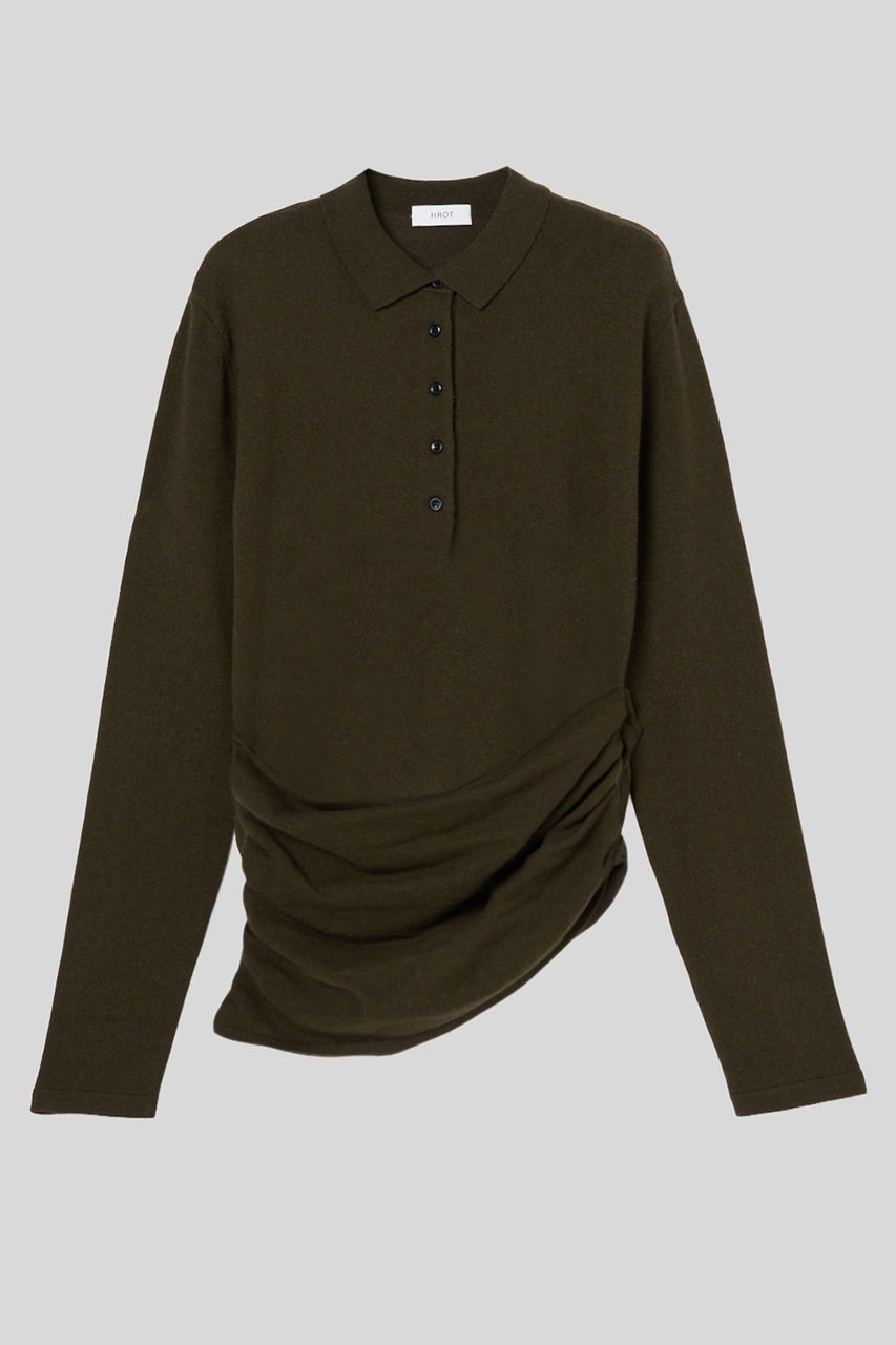 【イロット/IIROT】のカシミヤ ポロ ニット インテリア・キッズ・メンズ・レディースファッション・服の通販 founy(ファニー) 　ファッション　Fashion　レディースファッション　Fashion for Women　トップス・カットソー　Cut & Sew Tops　ニット　Knit Tops & Sweaters　カジュアルプルオーバー・ニットトップス　Pullovers & Knit Tops / Casual Pullovers　アシンメトリー　Asymmetrical Style　ギャザー　Gathered, Ruffled　フォルム　Silhouette, Form　エレガント 上品　Elegant　オリーブ|ID: prp329100004764765 ipo3291000000034664275