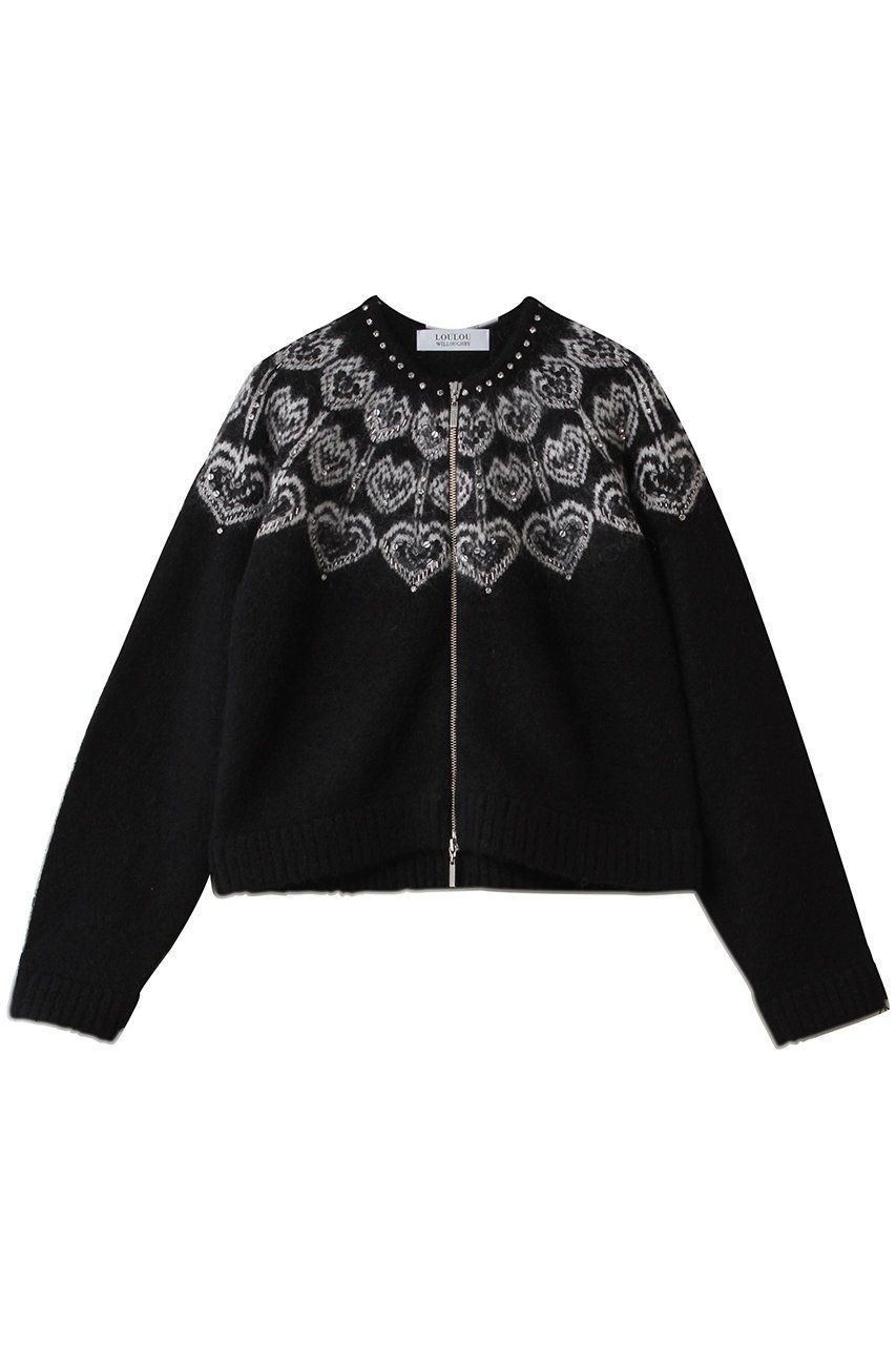 【アルアバイル/allureville】の【Loulou Willoughby】ハートJQニットブルゾン インテリア・キッズ・メンズ・レディースファッション・服の通販 founy(ファニー) ファッション Fashion レディースファッション Fashion for Women トップス・カットソー Cut & Sew Tops ニット Knit Tops & Sweaters カーディガン・羽織り Layered Style Cardigans カーディガン Cardigan, Knitwear ジャカード/ジャガード Jacquard, Woven Pattern スリーブ Sleeve, Long Sleeve / Short Sleeve ビジュー Bijou, Jewel-like Accent ブルゾン Blouson, Bomber Jacket ホリデーシーズン Holiday Season リュクス Luxury, Elegant, High-End, Chic ロング Long, Long-Length 新作・新入荷 New Arrivals / New In ブラック系|ID: prp329100004769252 ipo3291000000034543920