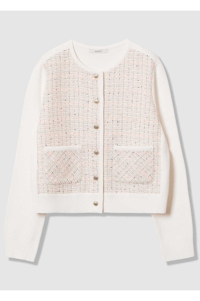 【アナイ/ANAYI】の【Eternal Line 2026】ツイードコンビブルゾン カーディガン インテリア・キッズ・メンズ・レディースファッション・服の通販 founy(ファニー) 　ファッション　Fashion　レディースファッション　Fashion for Women　トップス・カットソー　Cut & Sew Tops　ニット　Knit Tops & Sweaters　カーディガン・羽織り　Layered Style Cardigans　カーディガン　Cardigan, Knitwear　コンビ　Combo, Combination Style　ジャケット　Jacket, Outerwear　セットアップ　Set-Up, Coordinated Outfit　タイトスカート　Pencil Skirt, Tight Skirt　ツイード　Twill, Twill Weave　人気　Popular, Best Seller　ミックス　Mix, Mixed Style　ミラノリブ　Milano Rib, Milano Stitch　A/W・秋冬　Autumn/Winter　おすすめ　Recommended / Our Picks　エレガント 上品　Elegant　2025年　2025　2025-2026秋冬・A/W　Autumn/Winter 2025–26 AW25–26　ピンク|ID: prp329100004776589 ipo3291000000034627872