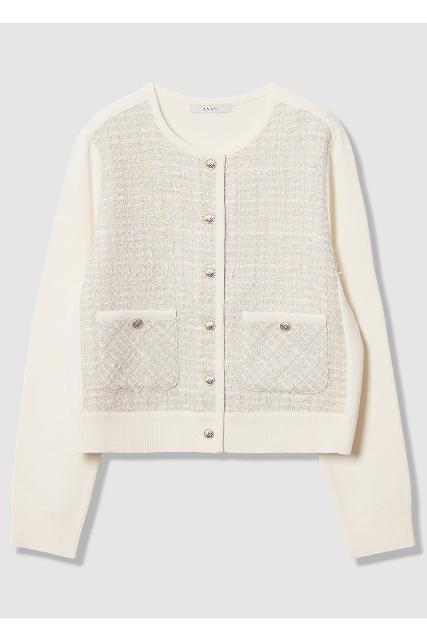 【アナイ/ANAYI】の【Eternal Line 2026】ツイードコンビブルゾン カーディガン インテリア・キッズ・メンズ・レディースファッション・服の通販 founy(ファニー) 　ファッション　Fashion　レディースファッション　Fashion for Women　トップス・カットソー　Cut & Sew Tops　ニット　Knit Tops & Sweaters　カーディガン・羽織り　Layered Style Cardigans　カーディガン　Cardigan, Knitwear　コンビ　Combo, Combination Style　ジャケット　Jacket, Outerwear　セットアップ　Set-Up, Coordinated Outfit　タイトスカート　Pencil Skirt, Tight Skirt　ツイード　Twill, Twill Weave　人気　Popular, Best Seller　ミックス　Mix, Mixed Style　ミラノリブ　Milano Rib, Milano Stitch　A/W・秋冬　Autumn/Winter　おすすめ　Recommended / Our Picks　エレガント 上品　Elegant　2025年　2025　2025-2026秋冬・A/W　Autumn/Winter 2025–26 AW25–26　ブルー系|ID: prp329100004776589 ipo3291000000034627873