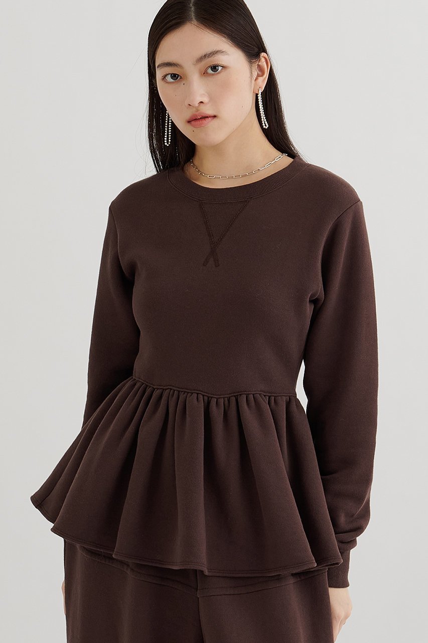 【ウィムガゼット/Whim Gazette】の裏毛フリルプルオーバー インテリア・キッズ・メンズ・レディースファッション・服の通販 founy(ファニー) 　ファッション　Fashion　レディースファッション　Fashion for Women　トップス・カットソー　Cut & Sew Tops　シャツ・ブラウス・オフィスカジュアル　Elegant Blouses & Button-Ups　ロングTシャツ・Tシャツ　Longline T-Shirts & Tees　カジュアルプルオーバー・ニットトップス　Pullovers & Knit Tops / Casual Pullovers　カットソー・ベーシックTシャツ　Cut-and-Sewn Tops / Stretch Tees & Basics　スウェット / スエット　Sweatshirt, Sweatwear　スリーブ　Sleeve, Long Sleeve / Short Sleeve　セットアップ　Set-Up, Coordinated Outfit　バランス　Balance, Style Balance　フェミニン　Feminine, Girly　フリル　Frill, Ruffle　ペプラム　Peplum, Flared Hem　ボトム　Bottoms, Lower Wear　ロング　Long, Long-Length　A/W・秋冬　Autumn/Winter　おすすめ　Recommended / Our Picks　日本製　Made In Japan　2025年　2025　2025-2026秋冬・A/W　Autumn/Winter 2025–26 AW25–26　ブラウン|ID: prp329100004777352 ipo3291000000034639211
