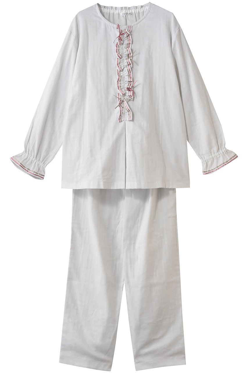 【イクコ/IKUKO / GOODS】のダブルガーゼ フロントフリル&リボンパジャマ 人気、トレンドファッション・服の通販 founy(ファニー) 　ストレート　Straight, Straight Cut　ダブル　Double, Double-Breasted　パジャマ　Pajamas, Sleepwear　フェミニン　Feminine, Girly　フリル　Frill, Ruffle　フロント　Front, Front Design　リボン　Ribbon, Bow　リラックス　Relax, Relaxed Fit　新作・新入荷　New Arrivals / New In　 other-1|ID: prp329100004778104 ipo3291000000034648531