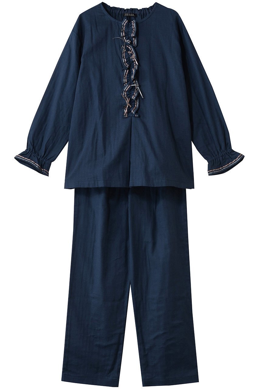 【イクコ/IKUKO / GOODS】のダブルガーゼ フロントフリル&リボンパジャマ インテリア・キッズ・メンズ・レディースファッション・服の通販 founy(ファニー) 　ストレート　Straight, Straight Cut　ダブル　Double, Double-Breasted　パジャマ　Pajamas, Sleepwear　フェミニン　Feminine, Girly　フリル　Frill, Ruffle　フロント　Front, Front Design　リボン　Ribbon, Bow　リラックス　Relax, Relaxed Fit　新作・新入荷　New Arrivals / New In　ネイビー|ID: prp329100004778104 ipo3291000000034648534