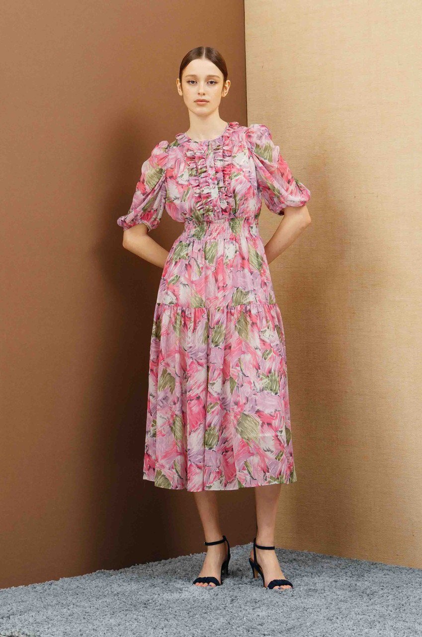 【コルコバード/CORCOVADO】のフラワーガーデンシフォンドレス 人気、トレンドファッション・服の通販 founy(ファニー) 　ファッション　Fashion　レディースファッション　Fashion for Women　ワンピース　Dresses　フォーマル・パーティードレス・結婚式用ドレス　Elegant & Casual Dresses　チュニック　Tunic Tops & Dresses　シャーリング　Shirring, Ruched　チュニック　Tunic, Long Top　ティアード　Tiered, Tiered Style　ドレス　Dress, One-Piece　フェミニン　Feminine, Girly　フラワー　Flower, Floral　フリル　Frill, Ruffle　フロント　Front, Front Design　プリント　Print, Printed Pattern　再入荷　Restock / Back in Stock　切替　Switching, Contrast Panel　other-8|ID: prp329100004778124 ipo3291000000034648718