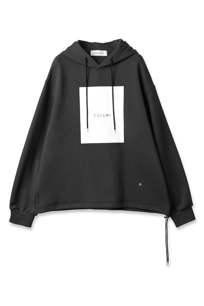 【クルニ/CULLNI】のボックス ロゴ プリント ドローストリング フーディー インテリア・キッズ・メンズ・レディースファッション・服の通販 founy(ファニー) 　ファッション　Fashion　レディースファッション　Fashion for Women　トップス・カットソー　Cut & Sew Tops　シャツ・ブラウス・オフィスカジュアル　Elegant Blouses & Button-Ups　レディースパーカー・カジュアルフーディー　Casual Hoodies & Sweatshirts　ロングTシャツ・Tシャツ　Longline T-Shirts & Tees　スウェット・クルーネックトップス　Sweatshirts & Crewnecks / Relaxed Fit Sweat Tops　カットソー・ベーシックTシャツ　Cut-and-Sewn Tops / Stretch Tees & Basics　ショルダー　Shoulder, Shoulder Strap　ドロップ　Drop Shoulder, Dropped Style　ドローコード　Drawcord, Drawstring Cord　ドローストリング　Drawstring, Pull Cord　プリント　Print, Printed Pattern　ベーシック　Basic, Essential　ボックス　Boxy, Box Shape　エレガント 上品　Elegant　ブラック|ID: prp329100004779944 ipo3291000000035351212