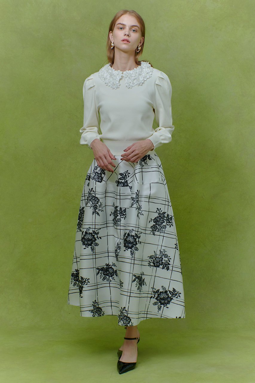 【アルアバイル/allureville】の【LOULOU WILLOUGHBY】SILK CO フラワーチェックスカート 人気、トレンドファッション・服の通販 founy(ファニー) 　ファッション　Fashion　レディースファッション　Fashion for Women　スカート　Skirts　ロングスカート　Long Skirts / Maxi & Midi Skirts　2025年　2025　2025-2026秋冬・A/W　Autumn/Winter 2025–26 AW25–26　イタリア　Italy　フレア　Flare, Flared　モノトーン　Monotone, Black and White　レース　Lace, Lace Fabric　ロング　Long, Long-Length　エレガント 上品　Elegant　A/W・秋冬　Autumn/Winter　other-5|ID: prp329100004780656 ipo3291000000034684509