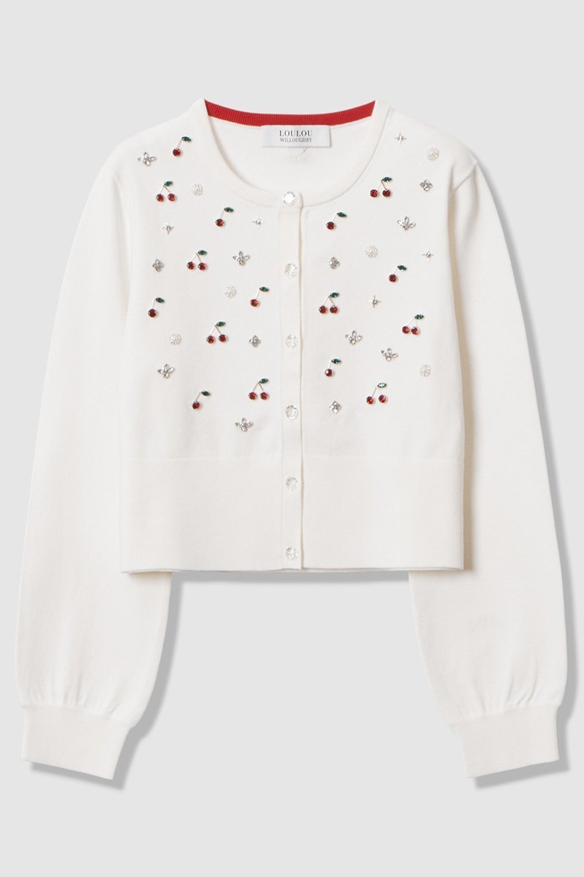 【アルアバイル/allureville】の【LOULOU WILLOUGHBY】CHERRYビジューカーディガン インテリア・キッズ・メンズ・レディースファッション・服の通販 founy(ファニー) 　ファッション　Fashion　レディースファッション　Fashion for Women　トップス・カットソー　Cut & Sew Tops　ニット　Knit Tops & Sweaters　カーディガン・羽織り　Layered Style Cardigans　2026年　2026　カーディガン　Cardigan, Knitwear　コンパクト　Compact, Small Size　ビジュー　Bijou, Jewel-like Accent　モチーフ　Motif, Design Theme　夏　Summer　春　Spring　S/S・春夏　SS, Spring/Summer, Warm Season　オフホワイト|ID: prp329100004780699 ipo3291000000035004217