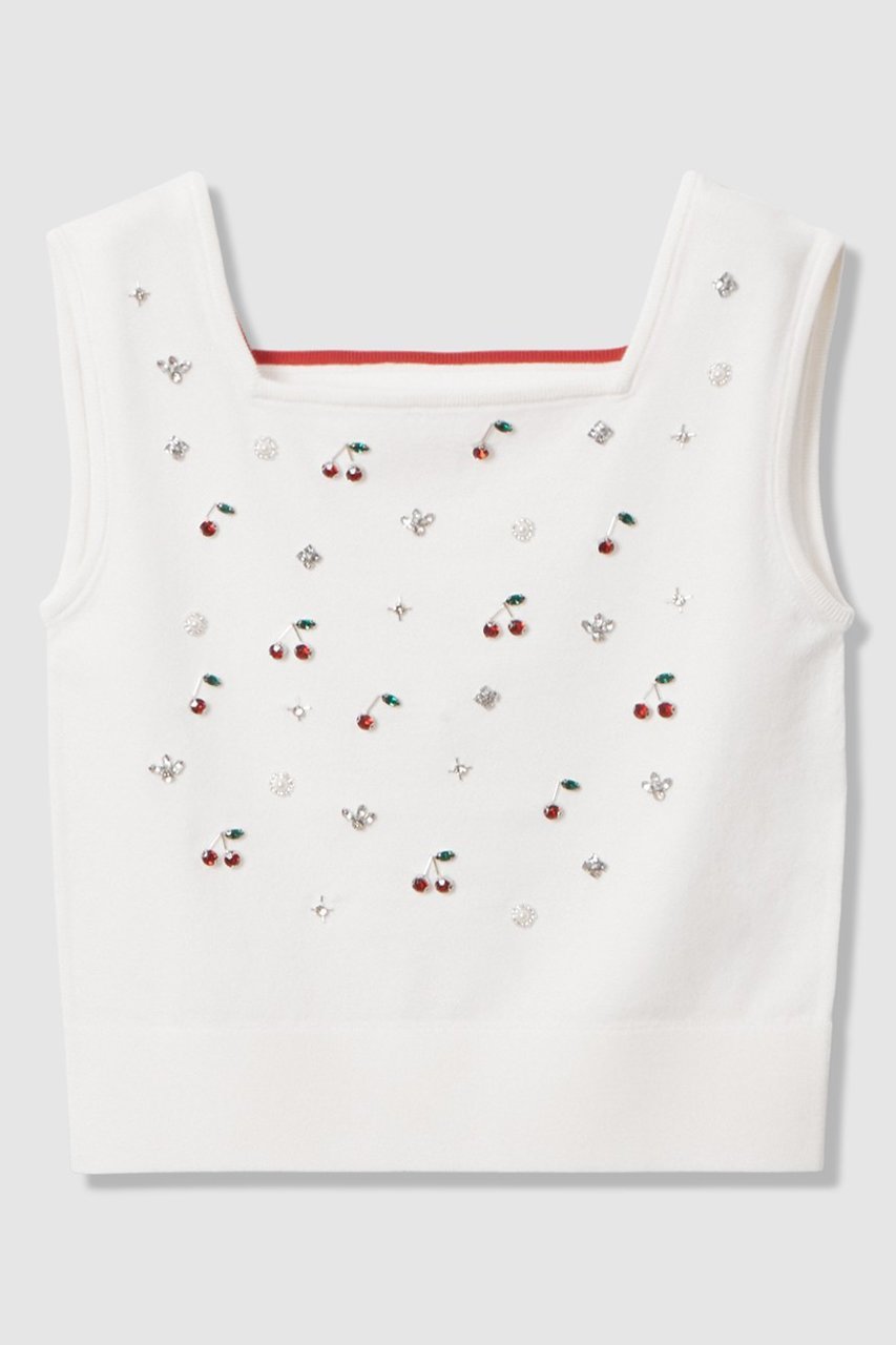 【アルアバイル/allureville】の【LOULOU WILLOUGHBY】CHERRYビジュータンク インテリア・キッズ・メンズ・レディースファッション・服の通販 founy(ファニー) 　ファッション　Fashion　レディースファッション　Fashion for Women　トップス・カットソー　Cut & Sew Tops　ニット　Knit Tops & Sweaters　カジュアルプルオーバー・ニットトップス　Pullovers & Knit Tops / Casual Pullovers　2026年　2026　カーディガン　Cardigan, Knitwear　スクエア　Square, Square Shape　タンク　Tank Top, Sleeveless Top　チェリー　Cherry, Cherry Pattern　ビジュー　Bijou, Jewel-like Accent　モチーフ　Motif, Design Theme　夏　Summer　春　Spring　S/S・春夏　SS, Spring/Summer, Warm Season　オフホワイト|ID: prp329100004782627 ipo3291000000035783551