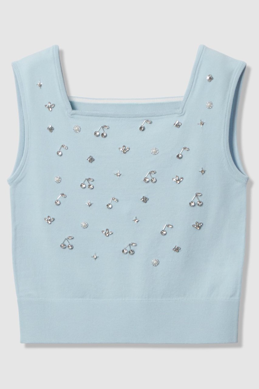 【アルアバイル/allureville】の【LOULOU WILLOUGHBY】CHERRYビジュータンク インテリア・キッズ・メンズ・レディースファッション・服の通販 founy(ファニー) 　ファッション　Fashion　レディースファッション　Fashion for Women　トップス・カットソー　Cut & Sew Tops　ニット　Knit Tops & Sweaters　カジュアルプルオーバー・ニットトップス　Pullovers & Knit Tops / Casual Pullovers　2026年　2026　カーディガン　Cardigan, Knitwear　スクエア　Square, Square Shape　タンク　Tank Top, Sleeveless Top　チェリー　Cherry, Cherry Pattern　ビジュー　Bijou, Jewel-like Accent　モチーフ　Motif, Design Theme　夏　Summer　春　Spring　S/S・春夏　SS, Spring/Summer, Warm Season　サックス|ID: prp329100004782627 ipo3291000000035783552