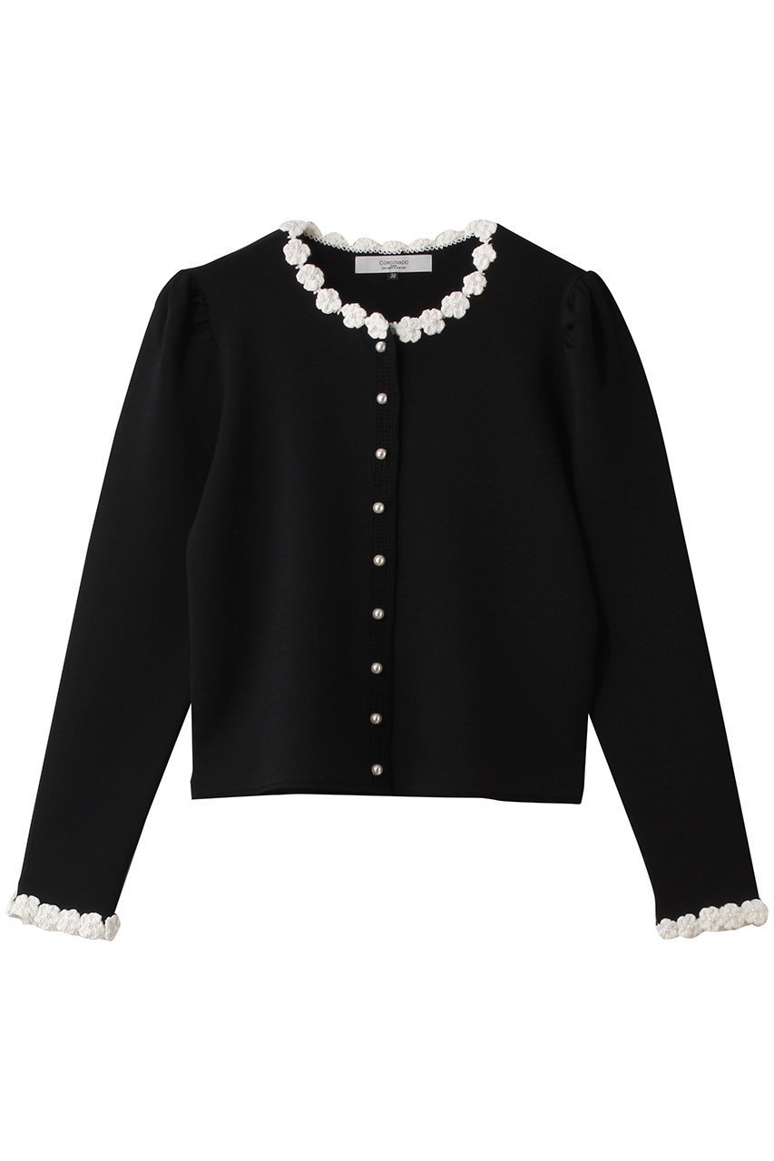 【コルコバード/CORCOVADO】のフラワートリムカーディガン インテリア・キッズ・メンズ・レディースファッション・服の通販 founy(ファニー) 　ファッション　Fashion　レディースファッション　Fashion for Women　トップス・カットソー　Cut & Sew Tops　カーディガン・羽織り　Layered Style Cardigans　シャツ・ブラウス・オフィスカジュアル　Elegant Blouses & Button-Ups　ロングTシャツ・Tシャツ　Longline T-Shirts & Tees　カットソー・ベーシックTシャツ　Cut-and-Sewn Tops / Stretch Tees & Basics　2026年　2026　カーディガン　Cardigan, Knitwear　コンパクト　Compact, Small Size　ショート　Short, Short Length　スリーブ　Sleeve, Long Sleeve / Short Sleeve　バランス　Balance, Style Balance　パール　Pearl, Pearl Accent　フラワー　Flower, Floral　フレア　Flare, Flared　モチーフ　Motif, Design Theme　エレガント 上品　Elegant　夏　Summer　春　Spring　S/S・春夏　SS, Spring/Summer, Warm Season　ブラック|ID: prp329100004793103 ipo3291000000036156401