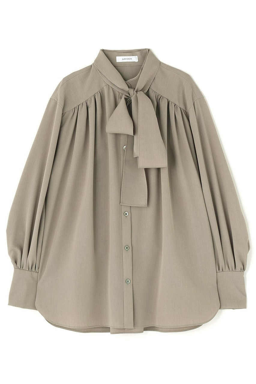 【アドーア/ADORE】のドライタッチツイルブラウス インテリア・キッズ・メンズ・レディースファッション・服の通販 founy(ファニー) 　ファッション　Fashion　レディースファッション　Fashion for Women　トップス・カットソー　Cut & Sew Tops　シャツ・ブラウス・オフィスカジュアル　Elegant Blouses & Button-Ups　ギャザー　Gathered, Ruffled　スタンダード　Standard, Basic　スリーブ　Sleeve, Long Sleeve / Short Sleeve　リボン　Ribbon, Bow　ロング　Long, Long-Length　エレガント 上品　Elegant　グレー|ID: prp329100004800126 ipo3291000000036138055