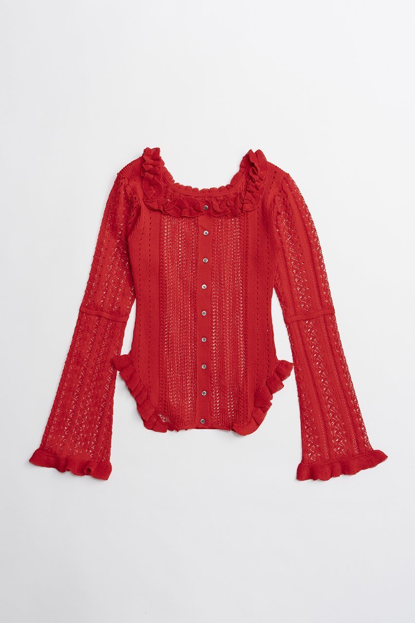 【プランク プロジェクト/PRANK PROJECT】のクロシェライク2WAYカーディガン インテリア・キッズ・メンズ・レディースファッション・服の通販 founy(ファニー) 　ファッション　Fashion　レディースファッション　Fashion for Women　トップス・カットソー　Cut & Sew Tops　ニット　Knit Tops & Sweaters　カーディガン・羽織り　Layered Style Cardigans　カーディガン　Cardigan, Knitwear　デコルテ　Décolleté, Neckline　フリル　Frill, Ruffle　RED(レッド)|ID: prp329100004802790 ipo3291000000036138354