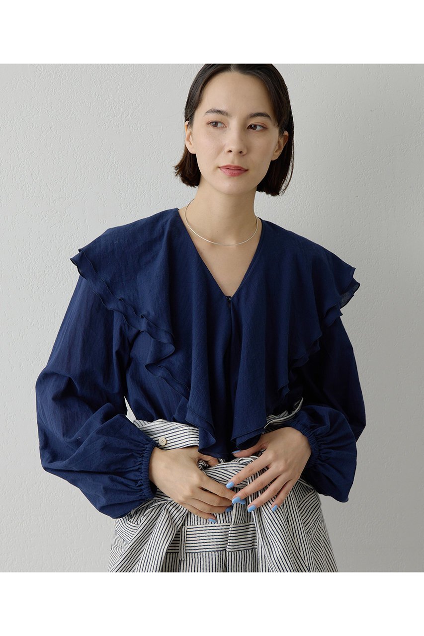 【ウィムガゼット/Whim Gazette】のローンフリルブラウス インテリア・キッズ・メンズ・レディースファッション・服の通販 founy(ファニー) 　ファッション　Fashion　レディースファッション　Fashion for Women　トップス・カットソー　Cut & Sew Tops　シャツ・ブラウス・オフィスカジュアル　Elegant Blouses & Button-Ups　インナー　Innerwear　スリーブ　Sleeve, Long Sleeve / Short Sleeve　デニム　Denim, Jeans Material　バランス　Balance, Style Balance　フェミニン　Feminine, Girly　フリル　Frill, Ruffle　ボトム　Bottoms, Lower Wear　ロング　Long, Long-Length　エレガント 上品　Elegant　夏　Summer　春　Spring　S/S・春夏　SS, Spring/Summer, Warm Season　ネイビー|ID: prp329100004807473 ipo3291000000035495332