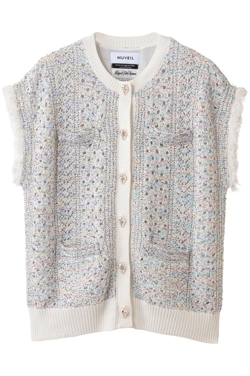【ミュベール/MUVEIL】のビジューボタン付きフリンジジレ 人気、トレンドファッション・服の通販 founy(ファニー) 　ファッション　Fashion　レディースファッション　Fashion for Women　トップス・カットソー　Cut & Sew Tops　ニット　Knit Tops & Sweaters　カーディガン・羽織り　Layered Style Cardigans　ベスト&ジレ / 重ね着スタイル　Vests & Gilets　2026年　2026　カラフル　Colorful Design　カーディガン　Cardigan, Knitwear　ストーン　Stone, Gem-Like　スパンコール　Sequins, Sequin Embellishment　スワロフスキー　Swarovski, Crystal Accent　パイピング　Piping, Trim Design　パール　Pearl, Pearl Accent　フリンジ　Fringe, Tassel　モチーフ　Motif, Design Theme　レース　Lace, Lace Fabric　ヴィンテージ　Vintage Style　夏　Summer　春　Spring　S/S・春夏　SS, Spring/Summer, Warm Season　 other-1|ID: prp329100004808644 ipo3291000000035352469