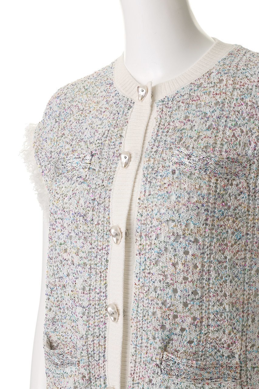 【ミュベール/MUVEIL】のビジューボタン付きフリンジジレ 人気、トレンドファッション・服の通販 founy(ファニー) 　ファッション　Fashion　レディースファッション　Fashion for Women　トップス・カットソー　Cut & Sew Tops　ニット　Knit Tops & Sweaters　カーディガン・羽織り　Layered Style Cardigans　ベスト&ジレ / 重ね着スタイル　Vests & Gilets　2026年　2026　カラフル　Colorful Design　カーディガン　Cardigan, Knitwear　ストーン　Stone, Gem-Like　スパンコール　Sequins, Sequin Embellishment　スワロフスキー　Swarovski, Crystal Accent　パイピング　Piping, Trim Design　パール　Pearl, Pearl Accent　フリンジ　Fringe, Tassel　モチーフ　Motif, Design Theme　レース　Lace, Lace Fabric　ヴィンテージ　Vintage Style　夏　Summer　春　Spring　S/S・春夏　SS, Spring/Summer, Warm Season　other-5|ID: prp329100004808644 ipo3291000000035482348