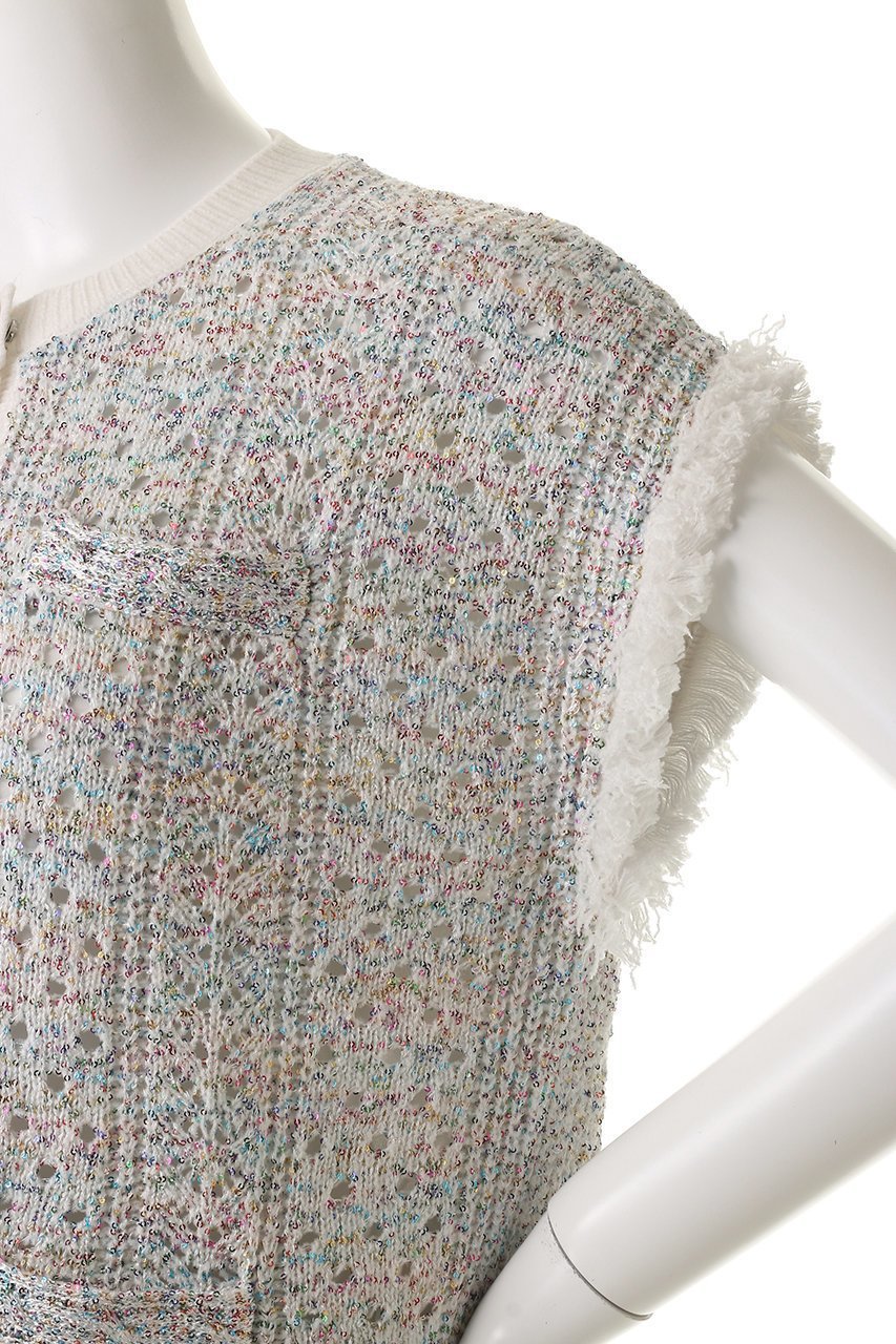 【ミュベール/MUVEIL】のビジューボタン付きフリンジジレ 人気、トレンドファッション・服の通販 founy(ファニー) 　ファッション　Fashion　レディースファッション　Fashion for Women　トップス・カットソー　Cut & Sew Tops　ニット　Knit Tops & Sweaters　カーディガン・羽織り　Layered Style Cardigans　ベスト&ジレ / 重ね着スタイル　Vests & Gilets　2026年　2026　カラフル　Colorful Design　カーディガン　Cardigan, Knitwear　ストーン　Stone, Gem-Like　スパンコール　Sequins, Sequin Embellishment　スワロフスキー　Swarovski, Crystal Accent　パイピング　Piping, Trim Design　パール　Pearl, Pearl Accent　フリンジ　Fringe, Tassel　モチーフ　Motif, Design Theme　レース　Lace, Lace Fabric　ヴィンテージ　Vintage Style　夏　Summer　春　Spring　S/S・春夏　SS, Spring/Summer, Warm Season　other-6|ID: prp329100004808644 ipo3291000000035482349