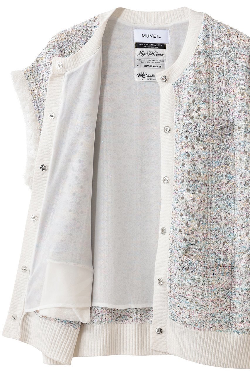 【ミュベール/MUVEIL】のビジューボタン付きフリンジジレ 人気、トレンドファッション・服の通販 founy(ファニー) 　ファッション　Fashion　レディースファッション　Fashion for Women　トップス・カットソー　Cut & Sew Tops　ニット　Knit Tops & Sweaters　カーディガン・羽織り　Layered Style Cardigans　ベスト&ジレ / 重ね着スタイル　Vests & Gilets　2026年　2026　カラフル　Colorful Design　カーディガン　Cardigan, Knitwear　ストーン　Stone, Gem-Like　スパンコール　Sequins, Sequin Embellishment　スワロフスキー　Swarovski, Crystal Accent　パイピング　Piping, Trim Design　パール　Pearl, Pearl Accent　フリンジ　Fringe, Tassel　モチーフ　Motif, Design Theme　レース　Lace, Lace Fabric　ヴィンテージ　Vintage Style　夏　Summer　春　Spring　S/S・春夏　SS, Spring/Summer, Warm Season　other-7|ID: prp329100004808644 ipo3291000000035482350