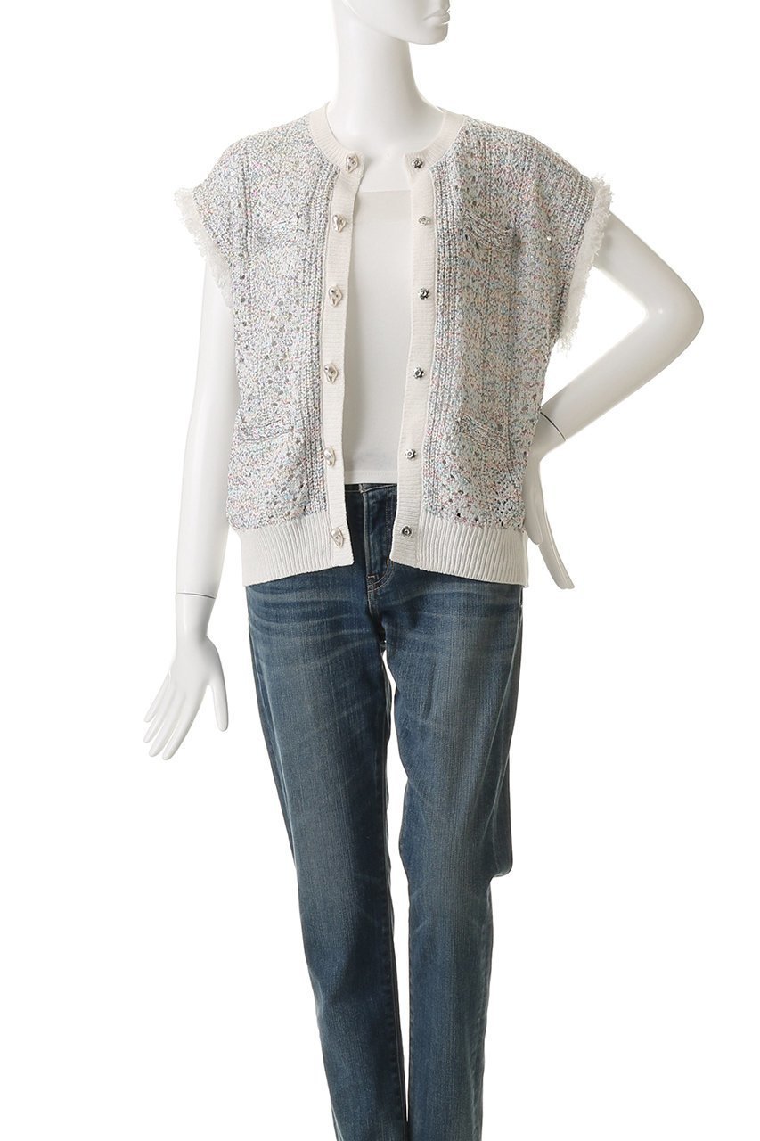 【ミュベール/MUVEIL】のビジューボタン付きフリンジジレ 人気、トレンドファッション・服の通販 founy(ファニー) 　ファッション　Fashion　レディースファッション　Fashion for Women　トップス・カットソー　Cut & Sew Tops　ニット　Knit Tops & Sweaters　カーディガン・羽織り　Layered Style Cardigans　ベスト&ジレ / 重ね着スタイル　Vests & Gilets　2026年　2026　カラフル　Colorful Design　カーディガン　Cardigan, Knitwear　ストーン　Stone, Gem-Like　スパンコール　Sequins, Sequin Embellishment　スワロフスキー　Swarovski, Crystal Accent　パイピング　Piping, Trim Design　パール　Pearl, Pearl Accent　フリンジ　Fringe, Tassel　モチーフ　Motif, Design Theme　レース　Lace, Lace Fabric　ヴィンテージ　Vintage Style　夏　Summer　春　Spring　S/S・春夏　SS, Spring/Summer, Warm Season　other-8|ID: prp329100004808644 ipo3291000000035482351