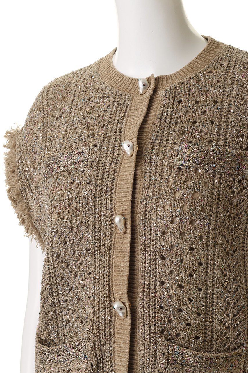 【ミュベール/MUVEIL】のビジューボタン付きフリンジジレ 人気、トレンドファッション・服の通販 founy(ファニー) 　ファッション　Fashion　レディースファッション　Fashion for Women　トップス・カットソー　Cut & Sew Tops　ニット　Knit Tops & Sweaters　カーディガン・羽織り　Layered Style Cardigans　ベスト&ジレ / 重ね着スタイル　Vests & Gilets　カラフル　Colorful Design　カーディガン　Cardigan, Knitwear　ストーン　Stone, Gem-Like　スパンコール　Sequins, Sequin Embellishment　スワロフスキー　Swarovski, Crystal Accent　パイピング　Piping, Trim Design　パール　Pearl, Pearl Accent　フリンジ　Fringe, Tassel　モチーフ　Motif, Design Theme　レース　Lace, Lace Fabric　ヴィンテージ　Vintage Style　other-5|ID: prp329100004808644 ipo3291000000035975721
