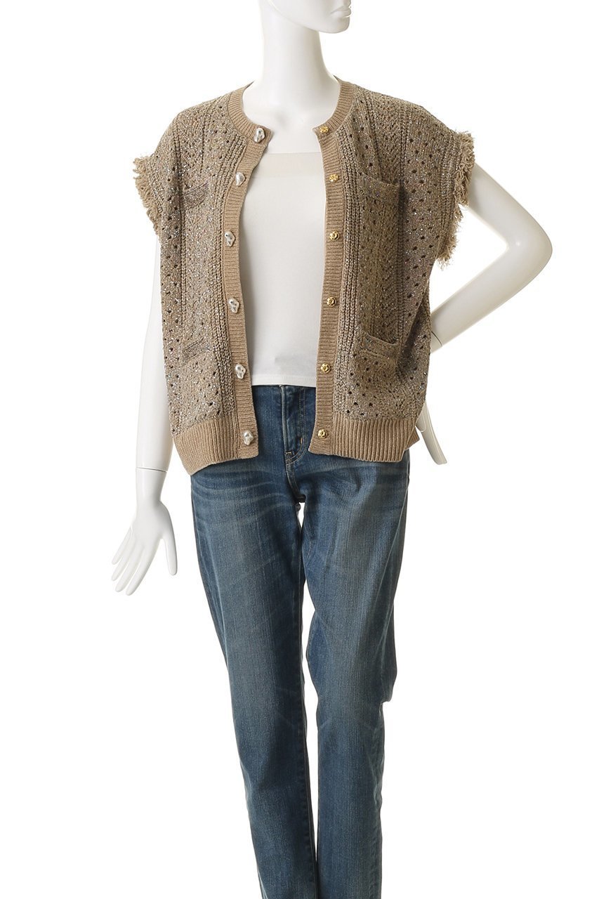 【ミュベール/MUVEIL】のビジューボタン付きフリンジジレ 人気、トレンドファッション・服の通販 founy(ファニー) 　ファッション　Fashion　レディースファッション　Fashion for Women　トップス・カットソー　Cut & Sew Tops　ニット　Knit Tops & Sweaters　カーディガン・羽織り　Layered Style Cardigans　ベスト&ジレ / 重ね着スタイル　Vests & Gilets　カラフル　Colorful Design　カーディガン　Cardigan, Knitwear　ストーン　Stone, Gem-Like　スパンコール　Sequins, Sequin Embellishment　スワロフスキー　Swarovski, Crystal Accent　パイピング　Piping, Trim Design　パール　Pearl, Pearl Accent　フリンジ　Fringe, Tassel　モチーフ　Motif, Design Theme　レース　Lace, Lace Fabric　ヴィンテージ　Vintage Style　other-8|ID: prp329100004808644 ipo3291000000035975724