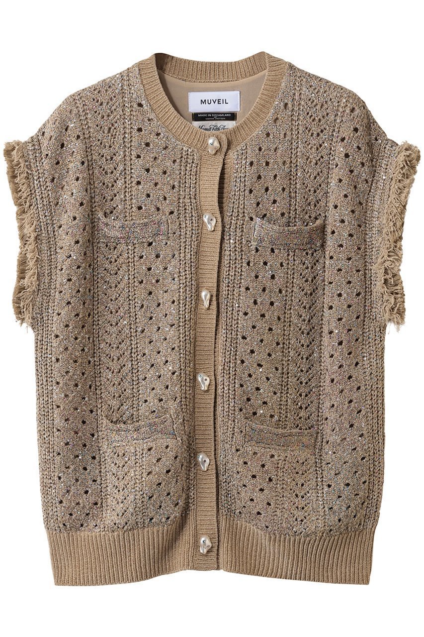 【ミュベール/MUVEIL】のビジューボタン付きフリンジジレ インテリア・キッズ・メンズ・レディースファッション・服の通販 founy(ファウニー) 　ファッション　Fashion　レディースファッション　Fashion for Women　トップス・カットソー　Cut & Sew Tops　ニット　Knit Tops & Sweaters　カーディガン・羽織り　Layered Style Cardigans　ベスト&ジレ / 重ね着スタイル　Vests & Gilets　カラフル　Colorful Design　カーディガン　Cardigan, Knitwear　ストーン　Stone, Gem-Like　スパンコール　Sequins, Sequin Embellishment　スワロフスキー　Swarovski, Crystal Accent　パイピング　Piping, Trim Design　パール　Pearl, Pearl Accent　フリンジ　Fringe, Tassel　モチーフ　Motif, Design Theme　レース　Lace, Lace Fabric　ヴィンテージ　Vintage Style　再入荷　Restock / Back in Stock　キャメル|ID: prp329100004808644 ipo3291000000036804904