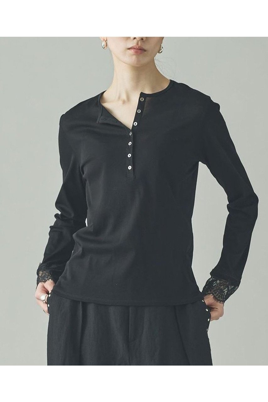 【カレンソロジー/Curensology】のヘンリーレースロングスリーブTシャツ インテリア・キッズ・メンズ・レディースファッション・服の通販 founy(ファニー) 　ファッション　Fashion　レディースファッション　Fashion for Women　トップス・カットソー　Cut & Sew Tops　シャツ・ブラウス・オフィスカジュアル　Elegant Blouses & Button-Ups　ロングTシャツ・Tシャツ　Longline T-Shirts & Tees　カットソー・ベーシックTシャツ　Cut-and-Sewn Tops / Stretch Tees & Basics　2026年　2026　おすすめ　Recommended / Our Picks　カットソー　Cut and Sewn Top　キュプラ　Cupro, Eco Fabric　シアー　Sheer, See-Through　スリーブ　Sleeve, Long Sleeve / Short Sleeve　フェミニン　Feminine, Girly　レース　Lace, Lace Fabric　ロング　Long, Long-Length　エレガント 上品　Elegant　夏　Summer　春　Spring　S/S・春夏　SS, Spring/Summer, Warm Season　A/W・秋冬　Autumn/Winter　ブラック|ID: prp329100004808734 ipo3291000000034897712