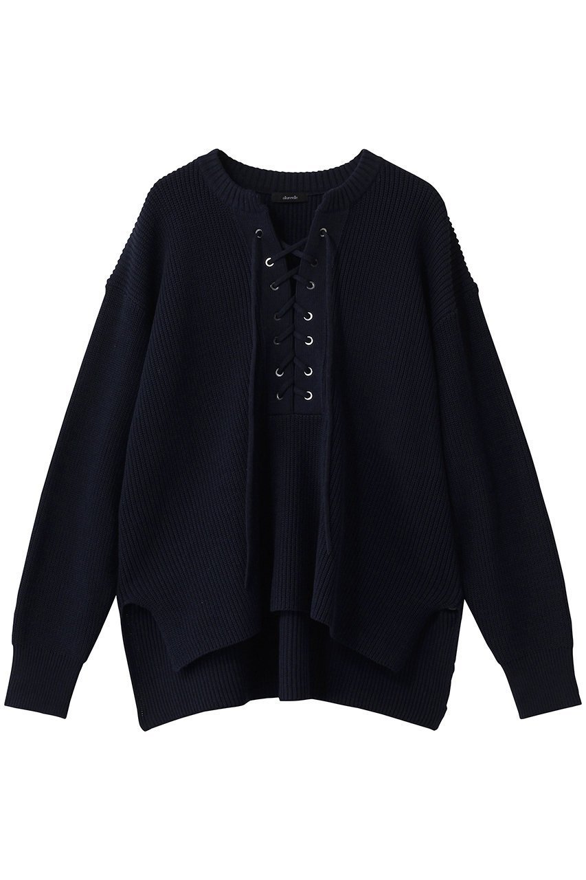 【アルアバイル/allureville】のレースアップバルキープルオーバー インテリア・キッズ・メンズ・レディースファッション・服の通販 founy(ファニー) 　ファッション　Fashion　レディースファッション　Fashion for Women　トップス・カットソー　Cut & Sew Tops　ニット　Knit Tops & Sweaters　カジュアルプルオーバー・ニットトップス　Pullovers & Knit Tops / Casual Pullovers　シルケット　Silket, Silky Cotton　ボトム　Bottoms, Lower Wear　レース　Lace, Lace Fabric　春　Spring　畦　Ribbed Knit　ネイビー|ID: prp329100004810986 ipo3291000000036058804