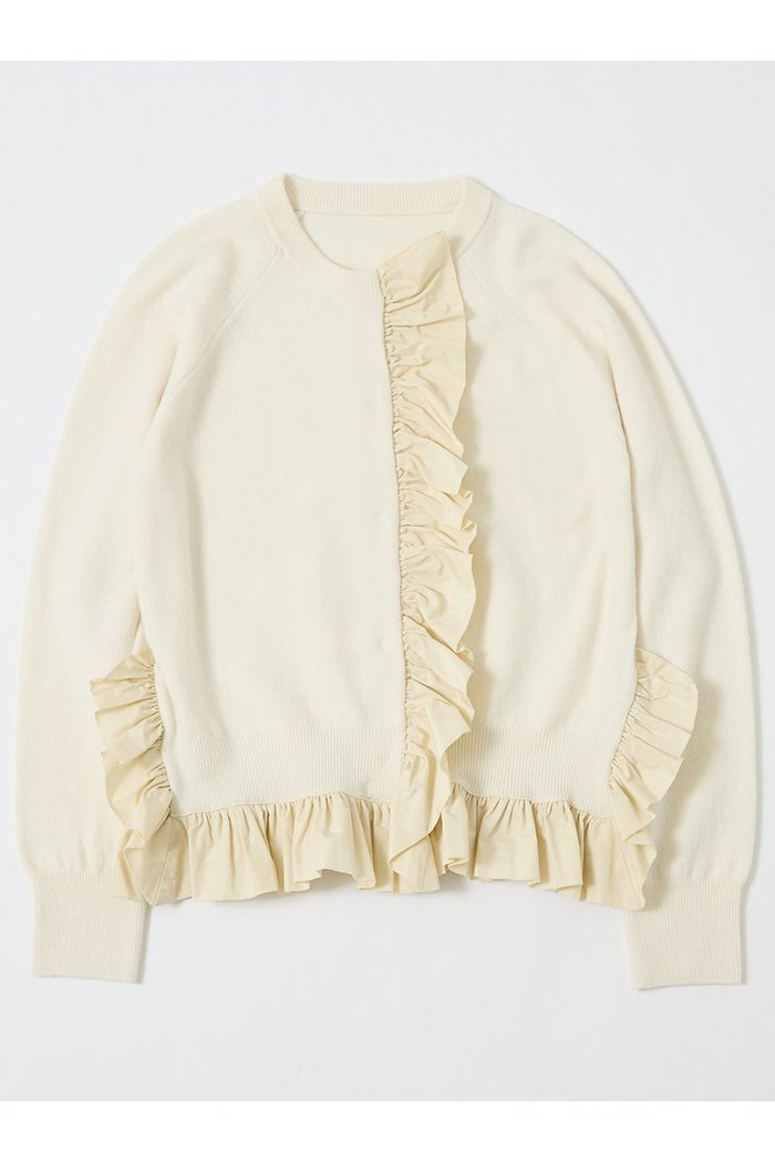 【デザイン ワークス/DESIGN WORKS】のタフタフリルニットカーディガン インテリア・キッズ・メンズ・レディースファッション・服の通販 founy(ファニー) https://founy.com/ ファッション Fashion レディースファッション Fashion for Women トップス・カットソー Cut & Sew Tops ニット Knit Tops & Sweaters カーディガン・羽織り Layered Style Cardigans カーディガン Cardigan, Knitwear シンプル Simple, Minimal ストレッチ Stretch, Stretchy Fabric タフタ Taffeta, Structured Fabric デニム Denim, Jeans Material フェミニン Feminine, Girly フリル Frill, Ruffle フロント Front, Front Design ベーシック Basic, Essential ボトム Bottoms, Lower Wear 再入荷 Restock / Back in Stock |ID: prp329100004814615 ipo3291000000034968489