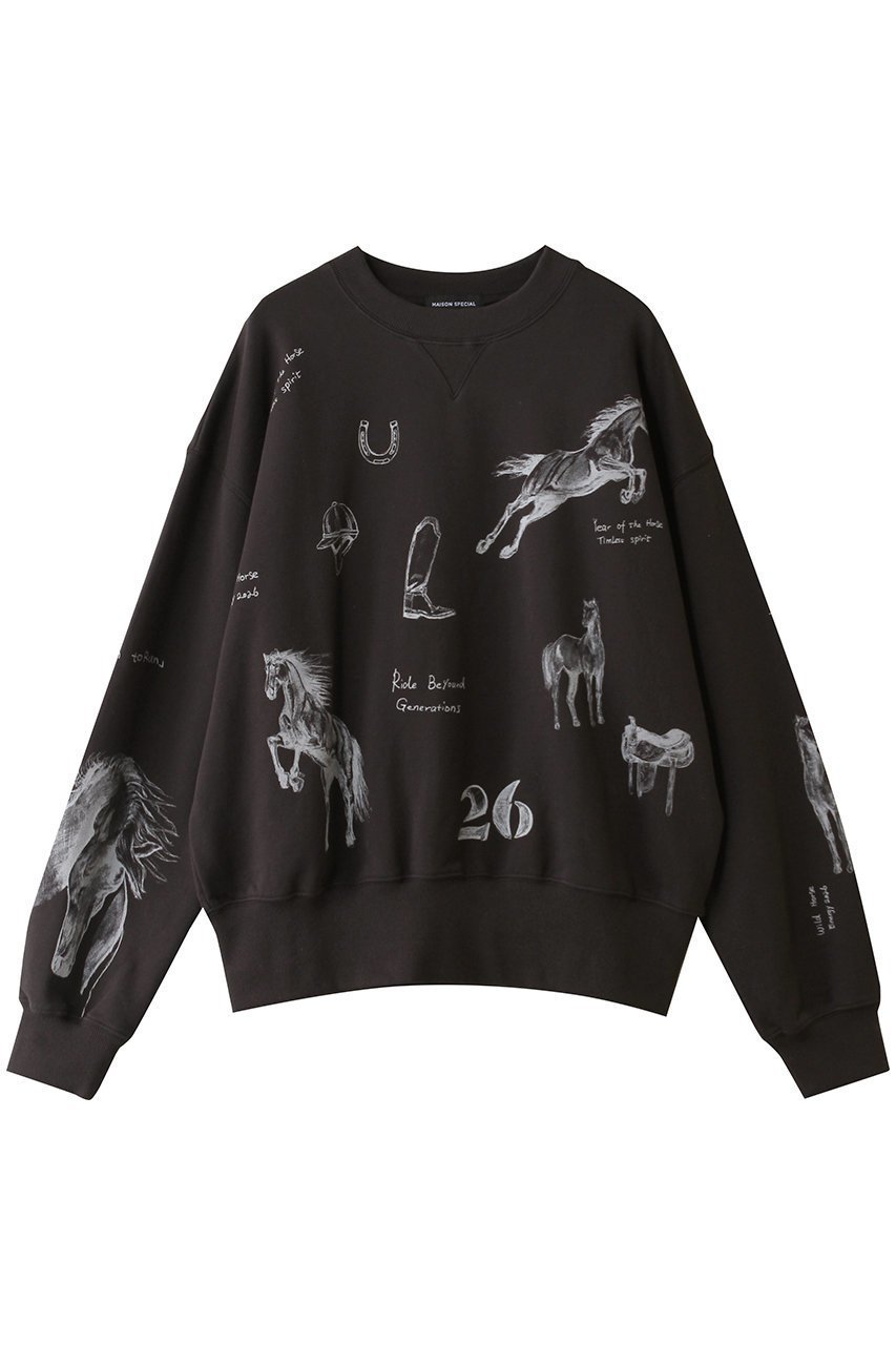 【メゾンスペシャル/MAISON SPECIAL】のDrawing Horse Sweatshirt/ドローイングホーススウェット インテリア・キッズ・メンズ・レディースファッション・服の通販 founy(ファニー) 　ファッション　Fashion　レディースファッション　Fashion for Women　トップス・カットソー　Cut & Sew Tops　シャツ・ブラウス・オフィスカジュアル　Elegant Blouses & Button-Ups　レディースパーカー・カジュアルフーディー　Casual Hoodies & Sweatshirts　ロングTシャツ・Tシャツ　Longline T-Shirts & Tees　スウェット・クルーネックトップス　Sweatshirts & Crewnecks / Relaxed Fit Sweat Tops　カットソー・ベーシックTシャツ　Cut-and-Sewn Tops / Stretch Tees & Basics　イラスト　Illustration　デニム　Denim, Jeans Material　バランス　Balance, Style Balance　ロング　Long, Long-Length　ワイド　Wide, Wide Fit　手描き　Hand-Drawn, Illustrated　新作・新入荷　New Arrivals / New In　C.GRY(チャコールグレー)|ID: prp329100004814636 ipo3291000000034968642