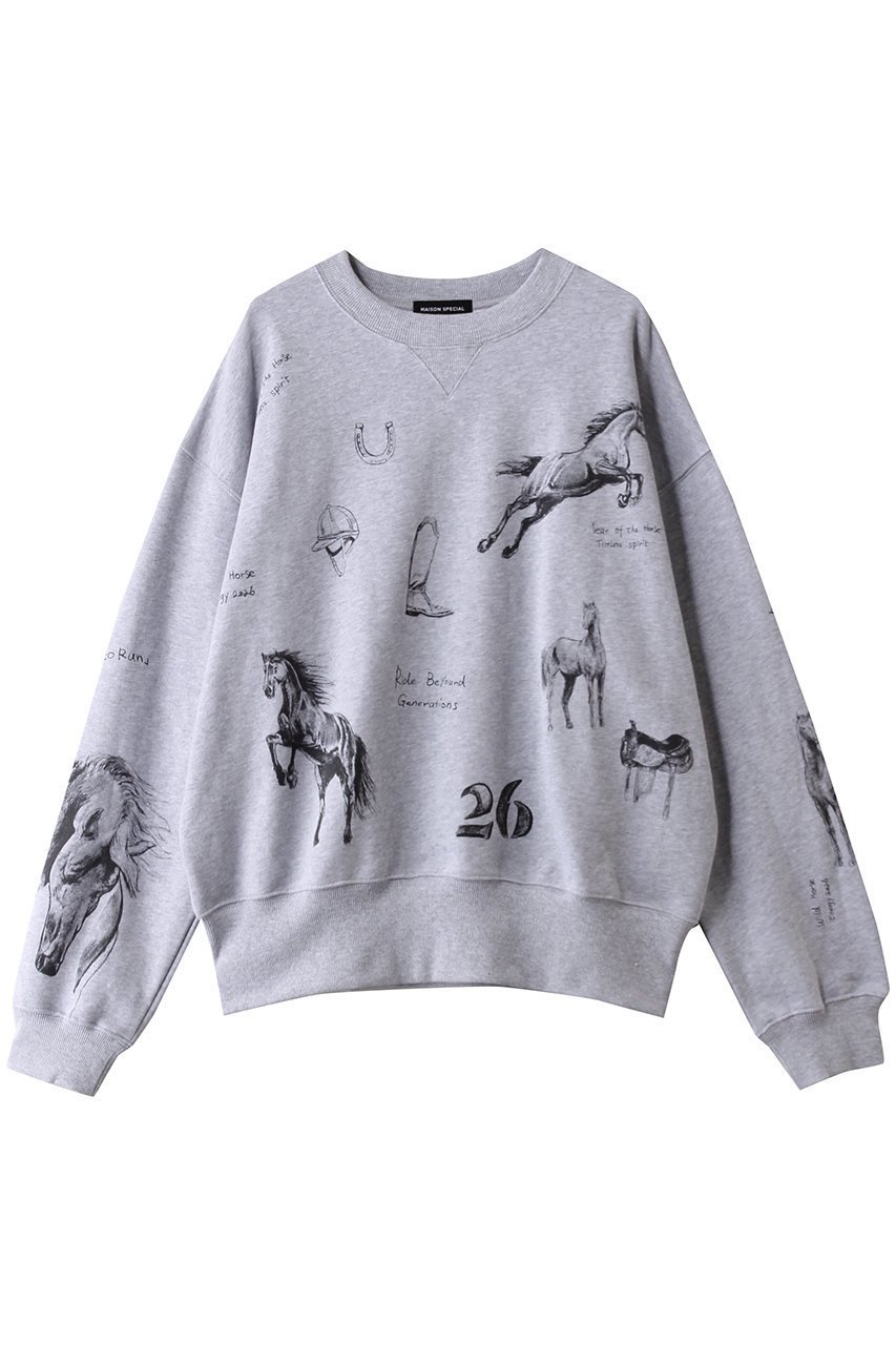 【メゾンスペシャル/MAISON SPECIAL】のDrawing Horse Sweatshirt/ドローイングホーススウェット インテリア・キッズ・メンズ・レディースファッション・服の通販 founy(ファニー) 　ファッション　Fashion　レディースファッション　Fashion for Women　トップス・カットソー　Cut & Sew Tops　シャツ・ブラウス・オフィスカジュアル　Elegant Blouses & Button-Ups　レディースパーカー・カジュアルフーディー　Casual Hoodies & Sweatshirts　ロングTシャツ・Tシャツ　Longline T-Shirts & Tees　スウェット・クルーネックトップス　Sweatshirts & Crewnecks / Relaxed Fit Sweat Tops　カットソー・ベーシックTシャツ　Cut-and-Sewn Tops / Stretch Tees & Basics　イラスト　Illustration　デニム　Denim, Jeans Material　バランス　Balance, Style Balance　ロング　Long, Long-Length　ワイド　Wide, Wide Fit　手描き　Hand-Drawn, Illustrated　GRY(グレー)|ID: prp329100004814636 ipo3291000000035783004