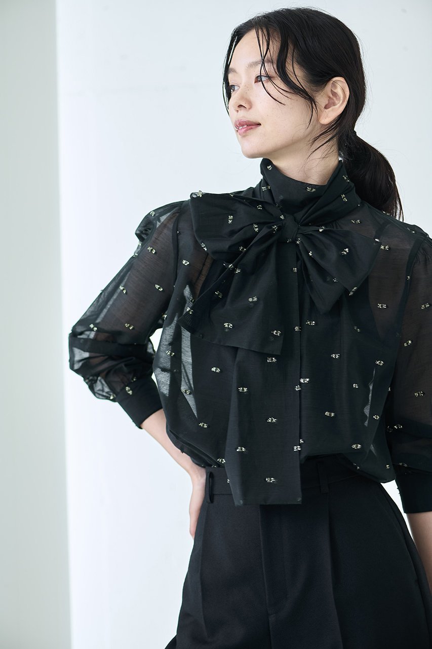 【ジェイドット/j.】のシアージャカードボウタイブラウス 人気、トレンドファッション・服の通販 founy(ファニー) 　ファッション　Fashion　レディースファッション　Fashion for Women　トップス・カットソー　Cut & Sew Tops　シャツ・ブラウス・オフィスカジュアル　Elegant Blouses & Button-Ups　オーガンジー　Organza Fabric　スカーフ　Scarf, Neckwear　スリーブ　Sleeve, Long Sleeve / Short Sleeve　ドット　Polka Dot, Dot Pattern　フェミニン　Feminine, Girly　リボン　Ribbon, Bow　ロング　Long, Long-Length　other-6|ID: prp329100004815926 ipo3291000000034980209