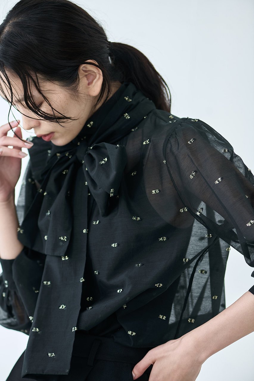 【ジェイドット/j.】のシアージャカードボウタイブラウス 人気、トレンドファッション・服の通販 founy(ファニー) 　ファッション　Fashion　レディースファッション　Fashion for Women　トップス・カットソー　Cut & Sew Tops　シャツ・ブラウス・オフィスカジュアル　Elegant Blouses & Button-Ups　オーガンジー　Organza Fabric　スカーフ　Scarf, Neckwear　スリーブ　Sleeve, Long Sleeve / Short Sleeve　ドット　Polka Dot, Dot Pattern　フェミニン　Feminine, Girly　リボン　Ribbon, Bow　ロング　Long, Long-Length　other-7|ID: prp329100004815926 ipo3291000000034980210