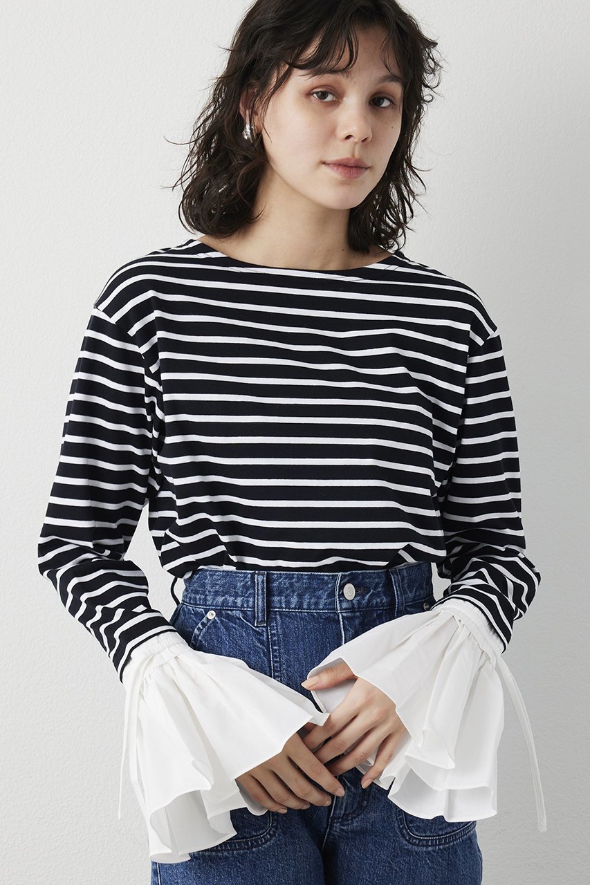 【ウィムガゼット/Whim Gazette】の【THE PAUSE】フレアカフスボーダープルオーバー インテリア・キッズ・メンズ・レディースファッション・服の通販 founy(ファニー) 　ファッション　Fashion　レディースファッション　Fashion for Women　トップス・カットソー　Cut & Sew Tops　シャツ・ブラウス・オフィスカジュアル　Elegant Blouses & Button-Ups　ロングTシャツ・Tシャツ　Longline T-Shirts & Tees　カジュアルプルオーバー・ニットトップス　Pullovers & Knit Tops / Casual Pullovers　カットソー・ベーシックTシャツ　Cut-and-Sewn Tops / Stretch Tees & Basics　2026年　2026　おすすめ　Recommended / Our Picks　ジャケット　Jacket, Outerwear　スリーブ　Sleeve, Long Sleeve / Short Sleeve　バランス　Balance, Style Balance　フェミニン　Feminine, Girly　フレア　Flare, Flared　ボーダー　Border, Stripe　ロング　Long, Long-Length　夏　Summer　定番　Standard, Basic Item　春　Spring　S/S・春夏　SS, Spring/Summer, Warm Season　ブラック|ID: prp329100004815982 ipo3291000000034981076