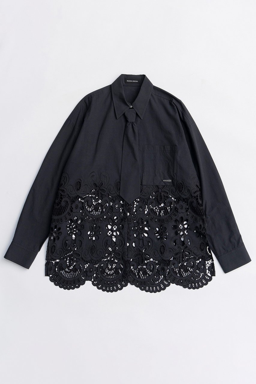 【メゾンスペシャル/MAISON SPECIAL】のHem Embroidery Neck Tie Shirt/ヘムエンブロイダリーネクタイシャツ インテリア・キッズ・メンズ・レディースファッション・服の通販 founy(ファニー) 　ファッション　Fashion　レディースファッション　Fashion for Women　トップス・カットソー　Cut & Sew Tops　シャツ・ブラウス・オフィスカジュアル　Elegant Blouses & Button-Ups　春　Spring　クラシカル　Classical, Vintage-Inspired　クラシック　Classic, Timeless Style　シンプル　Simple, Minimal　ジャケット　Jacket, Outerwear　スラックス　Slacks, Dress Pants　スリーブ　Sleeve, Long Sleeve / Short Sleeve　デニム　Denim, Jeans Material　ヘムライン　Hemline, Bottom Cut　ロング　Long, Long-Length　S/S・春夏　SS, Spring/Summer, Warm Season　おすすめ　Recommended / Our Picks　夏　Summer　2026年　2026　BLK(ブラック)|ID: prp329100004818058 ipo3291000000035003032