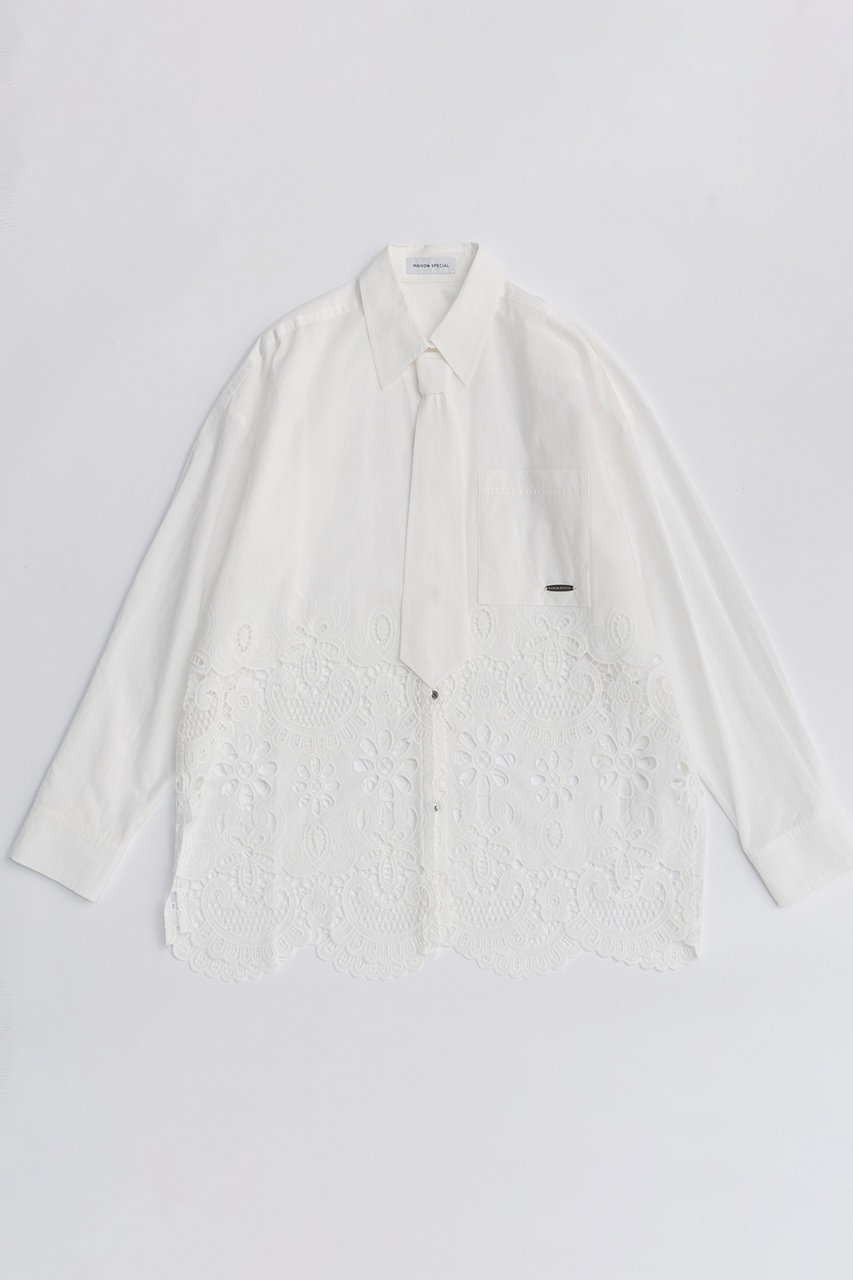 【メゾンスペシャル/MAISON SPECIAL】のHem Embroidery Neck Tie Shirt/ヘムエンブロイダリーネクタイシャツ インテリア・キッズ・メンズ・レディースファッション・服の通販 founy(ファニー) 　ファッション　Fashion　レディースファッション　Fashion for Women　トップス・カットソー　Cut & Sew Tops　シャツ・ブラウス・オフィスカジュアル　Elegant Blouses & Button-Ups　春　Spring　クラシカル　Classical, Vintage-Inspired　クラシック　Classic, Timeless Style　シンプル　Simple, Minimal　ジャケット　Jacket, Outerwear　スラックス　Slacks, Dress Pants　スリーブ　Sleeve, Long Sleeve / Short Sleeve　デニム　Denim, Jeans Material　ヘムライン　Hemline, Bottom Cut　ロング　Long, Long-Length　S/S・春夏　SS, Spring/Summer, Warm Season　おすすめ　Recommended / Our Picks　夏　Summer　2026年　2026　WHT(ホワイト)|ID: prp329100004818058 ipo3291000000035003033