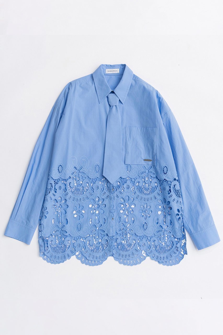 【メゾンスペシャル/MAISON SPECIAL】のHem Embroidery Neck Tie Shirt/ヘムエンブロイダリーネクタイシャツ インテリア・キッズ・メンズ・レディースファッション・服の通販 founy(ファニー) 　ファッション　Fashion　レディースファッション　Fashion for Women　トップス・カットソー　Cut & Sew Tops　シャツ・ブラウス・オフィスカジュアル　Elegant Blouses & Button-Ups　春　Spring　クラシカル　Classical, Vintage-Inspired　クラシック　Classic, Timeless Style　シンプル　Simple, Minimal　ジャケット　Jacket, Outerwear　スラックス　Slacks, Dress Pants　スリーブ　Sleeve, Long Sleeve / Short Sleeve　デニム　Denim, Jeans Material　ヘムライン　Hemline, Bottom Cut　ロング　Long, Long-Length　S/S・春夏　SS, Spring/Summer, Warm Season　おすすめ　Recommended / Our Picks　夏　Summer　2026年　2026　BLU(ブルー)|ID: prp329100004818058 ipo3291000000035003034
