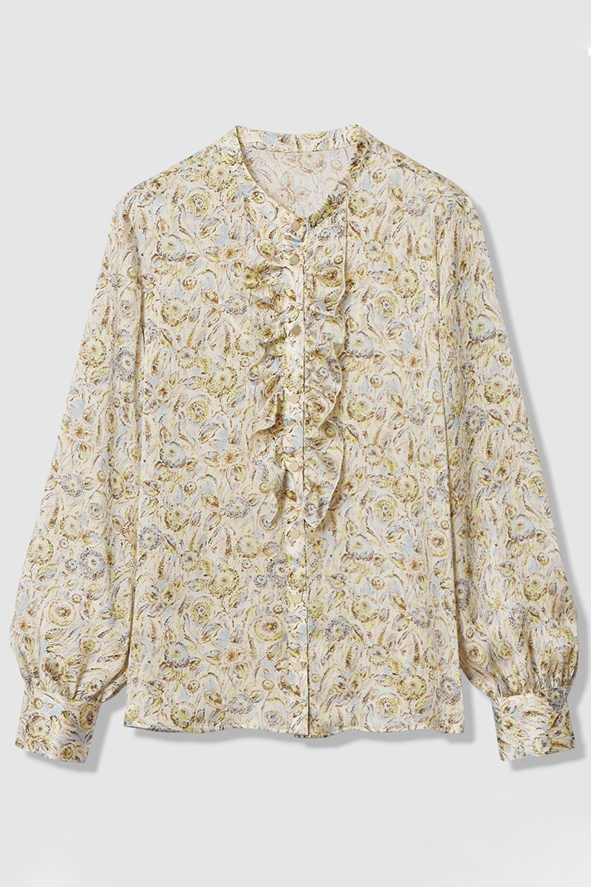 【アナイ/ANAYI】のボカシフラワーフリル ブラウス 人気、トレンドファッション・服の通販 founy(ファニー) 　ファッション　Fashion　レディースファッション　Fashion for Women　トップス・カットソー　Cut & Sew Tops　シャツ・ブラウス・オフィスカジュアル　Elegant Blouses & Button-Ups　2026年　2026　なめらか　Smooth, Silky Texture　サテン　Satin, Glossy Fabric　スリーブ　Sleeve, Long Sleeve / Short Sleeve　フラワー　Flower, Floral　フリル　Frill, Ruffle　フロント　Front, Front Design　プリント　Print, Printed Pattern　メタル　Metal, Metal Parts　ロング　Long, Long-Length　エレガント 上品　Elegant　夏　Summer　春　Spring　S/S・春夏　SS, Spring/Summer, Warm Season　 other-1|ID: prp329100004818073 ipo3291000000035003163