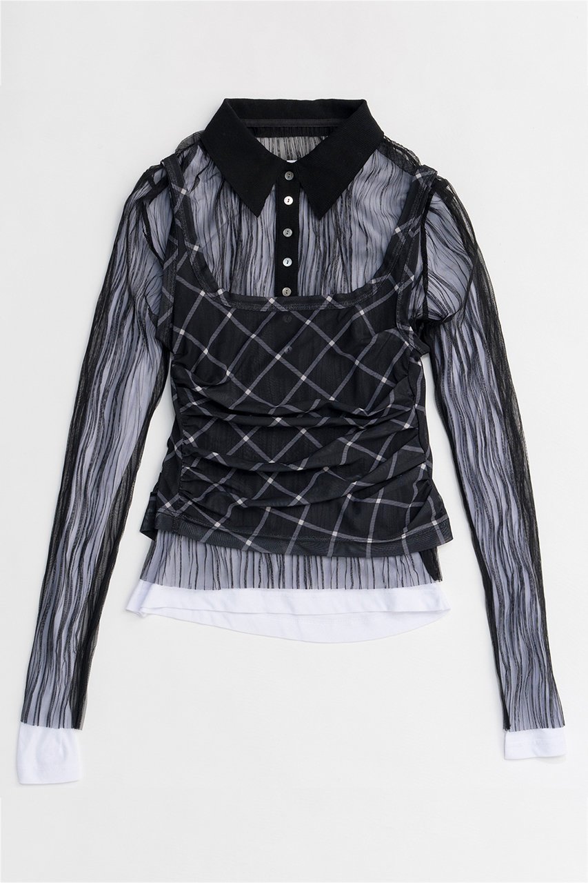 【メゾンスペシャル/MAISON SPECIAL】のThree-Piece Sheer Polo Top/スリーピースシアーポロトップ 人気、トレンドファッション・服の通販 founy(ファニー) 　ファッション　Fashion　レディースファッション　Fashion for Women　トップス・カットソー　Cut & Sew Tops　ニット　Knit Tops & Sweaters　カジュアルプルオーバー・ニットトップス　Pullovers & Knit Tops / Casual Pullovers　インナー　Innerwear　春　Spring　カットソー　Cut and Sewn Top　チェック　Check, Plaid, Tartan　ドレープ　Drape, Draping Fabric　ビスチェ　Bustier, Corset Top　フェミニン　Feminine, Girly　プリーツ　Pleats, Pleated　ポロシャツ　Polo Shirt, Collared Tee　メッシュ　Mesh, Net Fabric　S/S・春夏　SS, Spring/Summer, Warm Season　夏　Summer　2026年　2026　 other-1|ID: prp329100004818087 ipo3291000000035003268