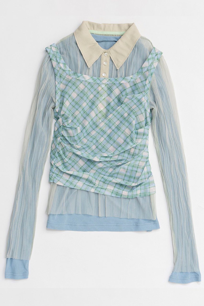 【メゾンスペシャル/MAISON SPECIAL】のThree-Piece Sheer Polo Top/スリーピースシアーポロトップ インテリア・キッズ・メンズ・レディースファッション・服の通販 founy(ファニー) 　ファッション　Fashion　レディースファッション　Fashion for Women　トップス・カットソー　Cut & Sew Tops　ニット　Knit Tops & Sweaters　カジュアルプルオーバー・ニットトップス　Pullovers & Knit Tops / Casual Pullovers　インナー　Innerwear　春　Spring　カットソー　Cut and Sewn Top　チェック　Check, Plaid, Tartan　ドレープ　Drape, Draping Fabric　ビスチェ　Bustier, Corset Top　フェミニン　Feminine, Girly　プリーツ　Pleats, Pleated　ポロシャツ　Polo Shirt, Collared Tee　メッシュ　Mesh, Net Fabric　S/S・春夏　SS, Spring/Summer, Warm Season　夏　Summer　2026年　2026　M.GRN(ミントグリーン)|ID: prp329100004818087 ipo3291000000035003271