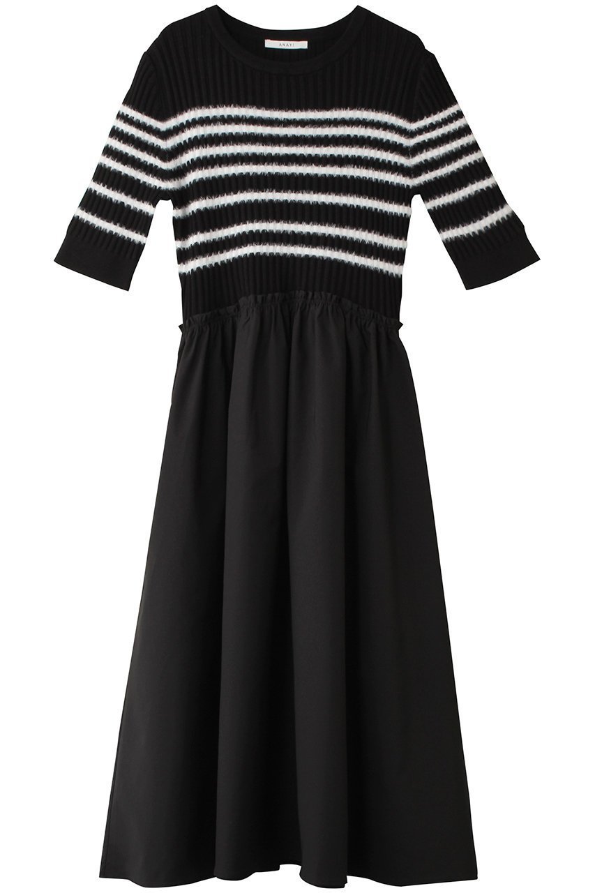 【アナイ/ANAYI】のフェザーボーダードッキングワンピース インテリア・キッズ・メンズ・レディースファッション・服の通販 founy(ファニー) 　ファッション　Fashion　レディースファッション　Fashion for Women　ワンピース　Dresses　チュニック　Tunic Tops & Dresses　ジャケット　Jacket, Outerwear　チュニック　Tunic, Long Top　ドッキング　Docking, Mixed Material　フィット　Fit, Slim Fit　フェザー　Feather, Feather Detail　フレア　Flare, Flared　ボーダー　Border, Stripe　リブニット　Rib Knit, Ribbed Knit　ロング　Long, Long-Length　再入荷　Restock / Back in Stock　A/W・秋冬　Autumn/Winter　ブラック|ID: prp329100004822289 ipo3291000000035052875