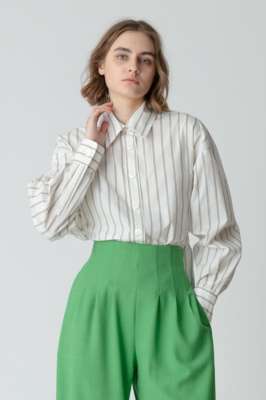 【アルアバイル/allureville】のトリムストライプバックタックシャツ 人気、トレンドファッション・服の通販 founy(ファニー) 　ファッション　Fashion　レディースファッション　Fashion for Women　トップス・カットソー　Cut & Sew Tops　シャツ・ブラウス・オフィスカジュアル　Elegant Blouses & Button-Ups　バッグ　Bags　おすすめ　Recommended / Our Picks　ストライプ　Stripe, Striped Pattern　スリーブ　Sleeve, Long Sleeve / Short Sleeve　フロント　Front, Front Design　ボトム　Bottoms, Lower Wear　ロング　Long, Long-Length　ワイド　Wide, Wide Fit　再入荷　Restock / Back in Stock　夏　Summer　春　Spring　S/S・春夏　SS, Spring/Summer, Warm Season　other-7|ID: prp329100004822302 ipo3291000000035054092