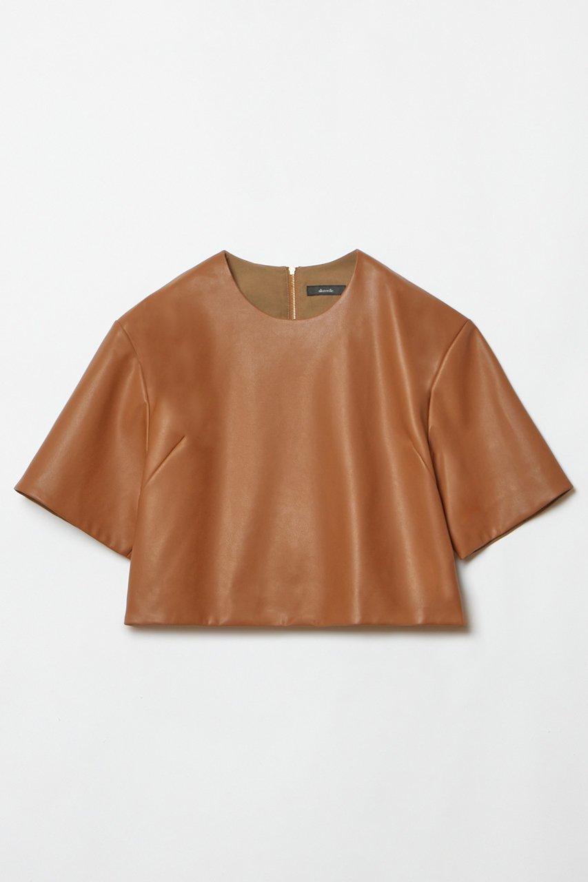 【アルアバイル/allureville】のフェイクレザーTブラウス インテリア・キッズ・メンズ・レディースファッション・服の通販 founy(ファニー) 　ファッション　Fashion　レディースファッション　Fashion for Women　トップス・カットソー　Cut & Sew Tops　シャツ・ブラウス・オフィスカジュアル　Elegant Blouses & Button-Ups　インナー　Innerwear　ショート　Short, Short Length　スリーブ　Sleeve, Long Sleeve / Short Sleeve　セットアップ　Set-Up, Coordinated Outfit　ハーフ　Half, Half-Length　フェイクレザー　Faux Leather, PU Leather　再入荷　Restock / Back in Stock　秋　Autumn　ブラウン|ID: prp329100004822320 ipo3291000000035054547