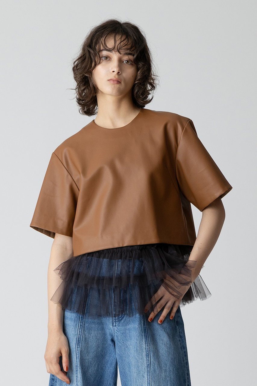 【アルアバイル/allureville】のフェイクレザーTブラウス 人気、トレンドファッション・服の通販 founy(ファニー) 　ファッション　Fashion　レディースファッション　Fashion for Women　トップス・カットソー　Cut & Sew Tops　シャツ・ブラウス・オフィスカジュアル　Elegant Blouses & Button-Ups　インナー　Innerwear　ショート　Short, Short Length　スリーブ　Sleeve, Long Sleeve / Short Sleeve　セットアップ　Set-Up, Coordinated Outfit　ハーフ　Half, Half-Length　フェイクレザー　Faux Leather, PU Leather　再入荷　Restock / Back in Stock　秋　Autumn　other-6|ID: prp329100004822320 ipo3291000000035054552