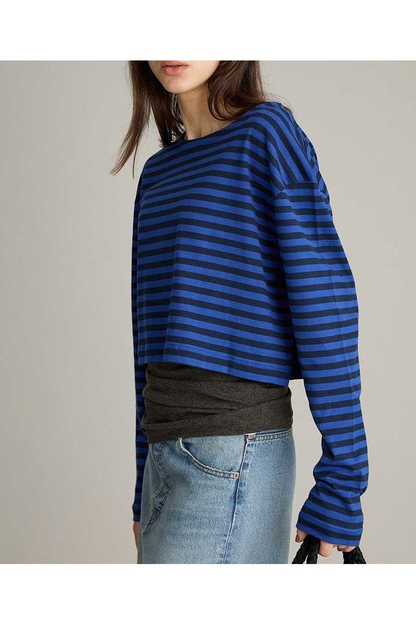 【ブリル/BRILL】のワイドクロップドカットソー インテリア・キッズ・メンズ・レディースファッション・服の通販 founy(ファニー) 　ファッション　Fashion　レディースファッション　Fashion for Women　トップス・カットソー　Cut & Sew Tops　シャツ・ブラウス・オフィスカジュアル　Elegant Blouses & Button-Ups　ロングTシャツ・Tシャツ　Longline T-Shirts & Tees　カットソー・ベーシックTシャツ　Cut-and-Sewn Tops / Stretch Tees & Basics　2026年　2026　スリーブ　Sleeve, Long Sleeve / Short Sleeve　バスク　Basque, Basque Style　バランス　Balance, Style Balance　ボーダー　Border, Stripe　ロング　Long, Long-Length　夏　Summer　春　Spring　S/S・春夏　SS, Spring/Summer, Warm Season　ブルー|ID: prp329100004826381 ipo3291000000035116399