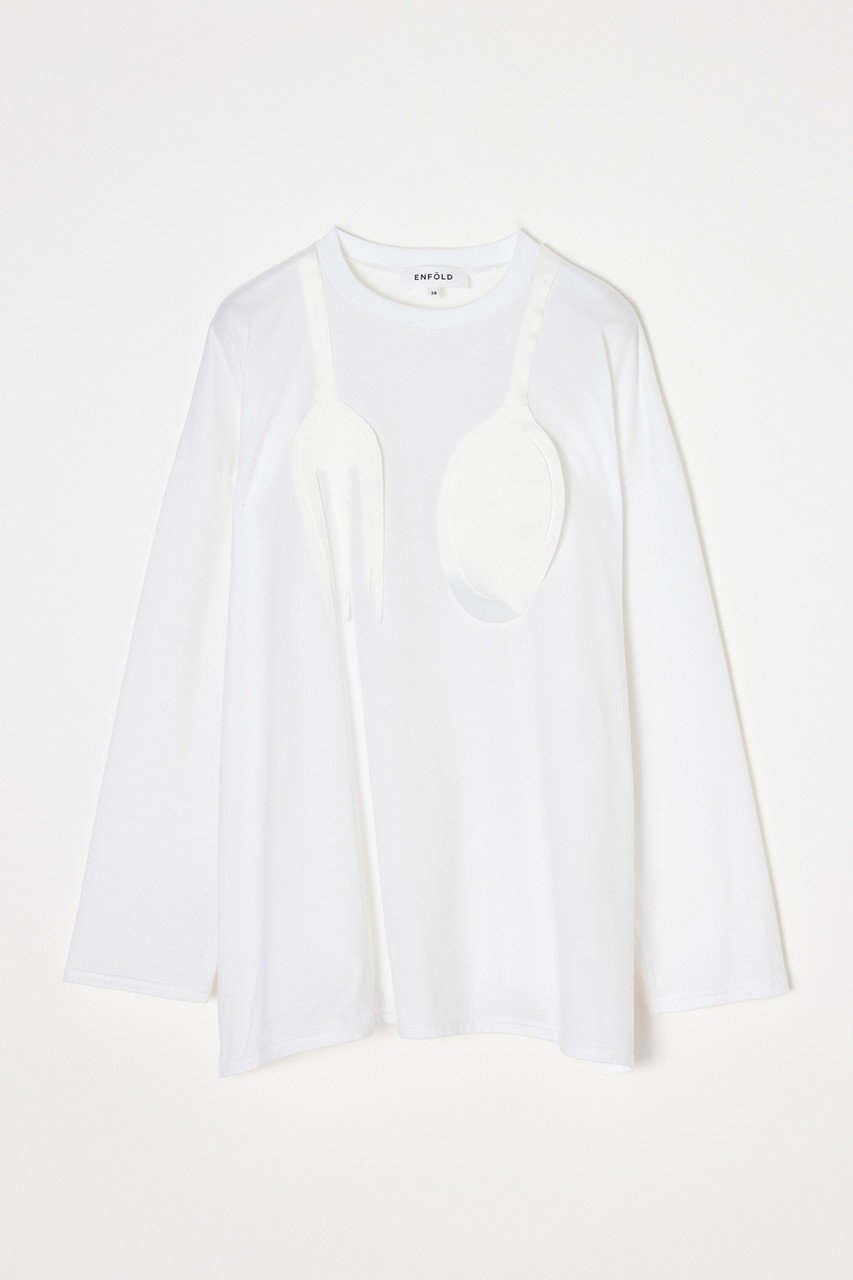 【エンフォルド/ENFOLD】の【1/14 12:00販売開始】CUTLERY MOTIF LONG-SLEEVE T-SHIRT インテリア・キッズ・メンズ・レディースファッション・服の通販 founy(ファニー) ファッション Fashion レディースファッション Fashion for Women トップス・カットソー Cut & Sew Tops シャツ・ブラウス・オフィスカジュアル Elegant Blouses & Button-Ups ロングTシャツ・Tシャツ Longline T-Shirts & Tees カットソー・ベーシックTシャツ Cut-and-Sewn Tops / Stretch Tees & Basics 2026年 2026 サテン Satin, Glossy Fabric スリーブ Sleeve, Long Sleeve / Short Sleeve モチーフ Motif, Design Theme ロング Long, Long-Length 今季 This Season, Current Season 夏 Summer 定番 Standard, Basic Item 春 Spring S/S・春夏 SS, Spring/Summer, Warm Season ホワイト|ID: prp329100004827259 ipo3291000000035126083