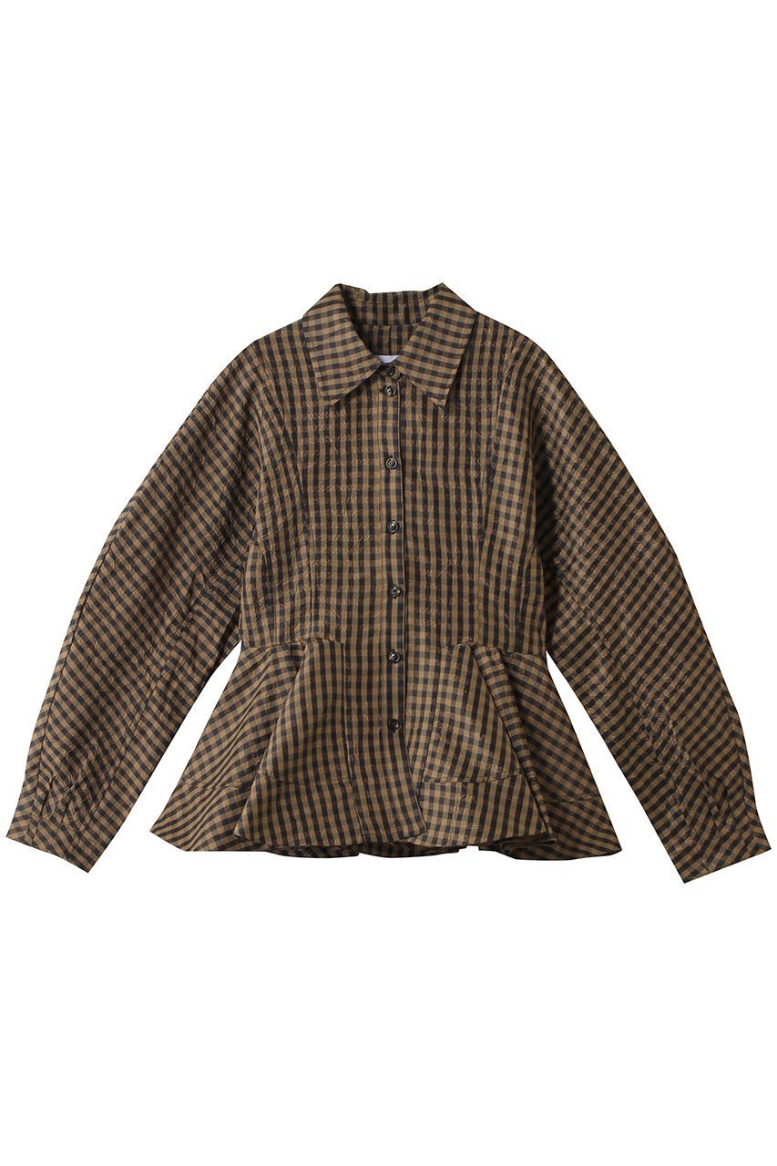 【ガニー/GANNI】のCrinkled Taffeta ペプラムシャツ インテリア・キッズ・メンズ・レディースファッション・服の通販 founy(ファニー) 　ファッション　Fashion　レディースファッション　Fashion for Women　トップス・カットソー　Cut & Sew Tops　シャツ・ブラウス・オフィスカジュアル　Elegant Blouses & Button-Ups　2026年　2026　クラシック　Classic, Timeless Style　コンパクト　Compact, Small Size　スラックス　Slacks, Dress Pants　スリーブ　Sleeve, Long Sleeve / Short Sleeve　ダウン　Down, Puffer　チェック　Check, Plaid, Tartan　デニム　Denim, Jeans Material　ペプラム　Peplum, Flared Hem　ロング　Long, Long-Length　夏　Summer　春　Spring　S/S・春夏　SS, Spring/Summer, Warm Season　タバコブラウン|ID: prp329100004828060 ipo3291000000035135863